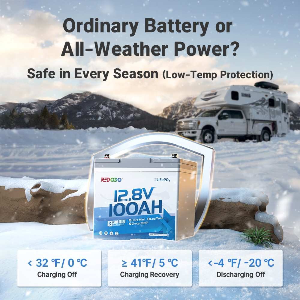 Redodo 12V 100Ah Bluetooth LiFePO4 Lithium Battery Group 22NF, 14.6V 20A Charger