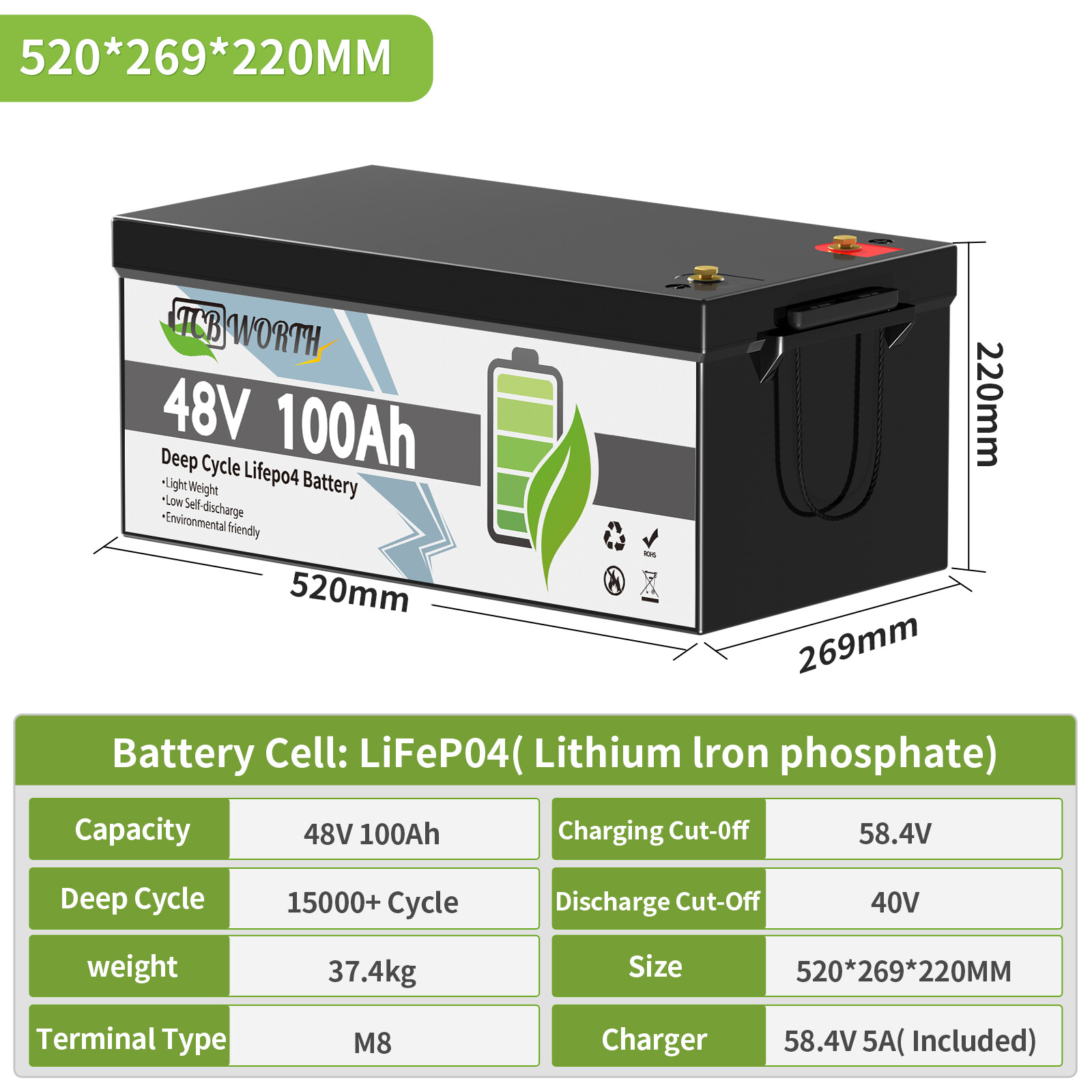 48V 100Ah LiFePO4 Lithium Battery Bluetooth BMS with Charger For RV Golf Carts