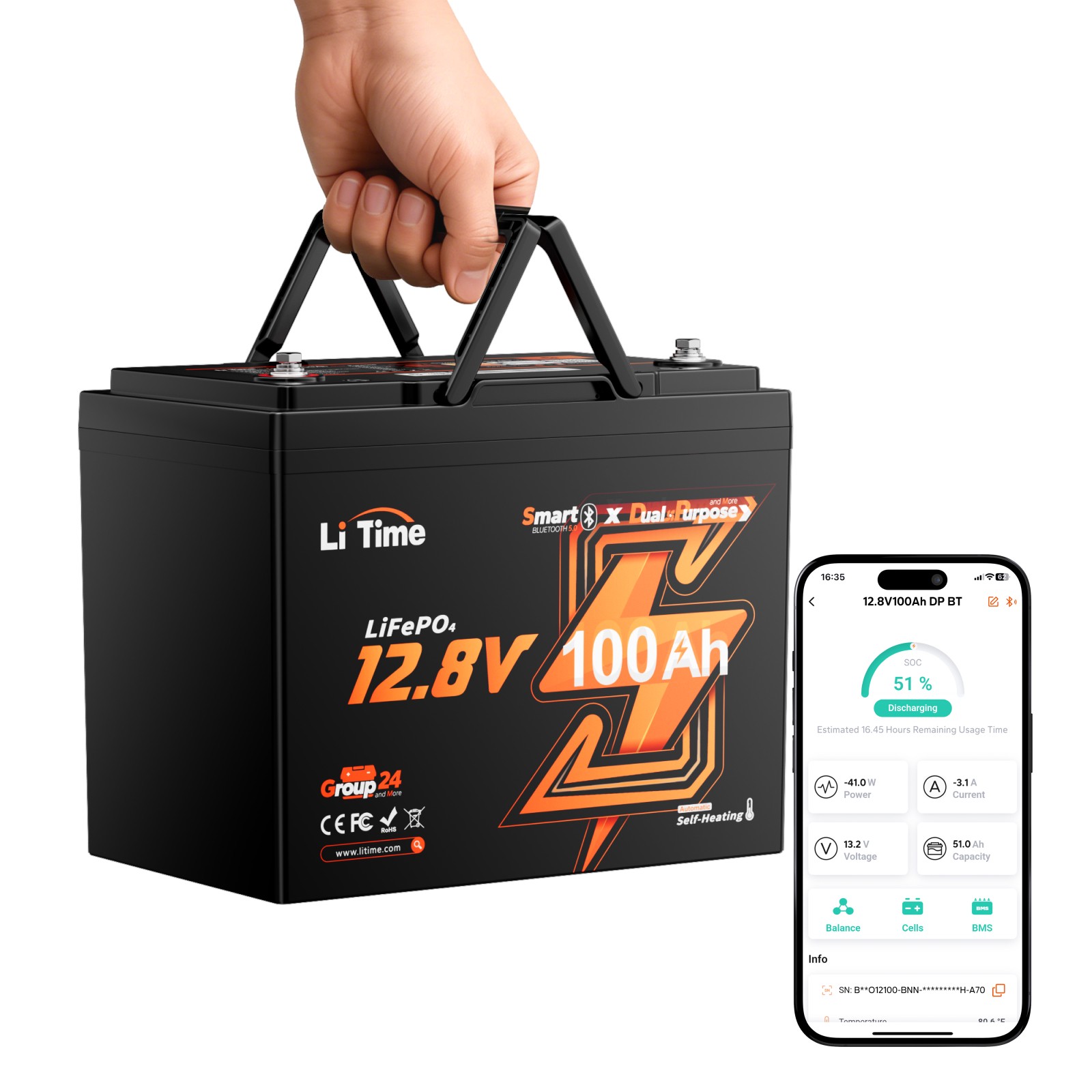 LiTime 12V 100Ah Group 24 Self-Heating Dual Use Marine Starting Lithium Battery