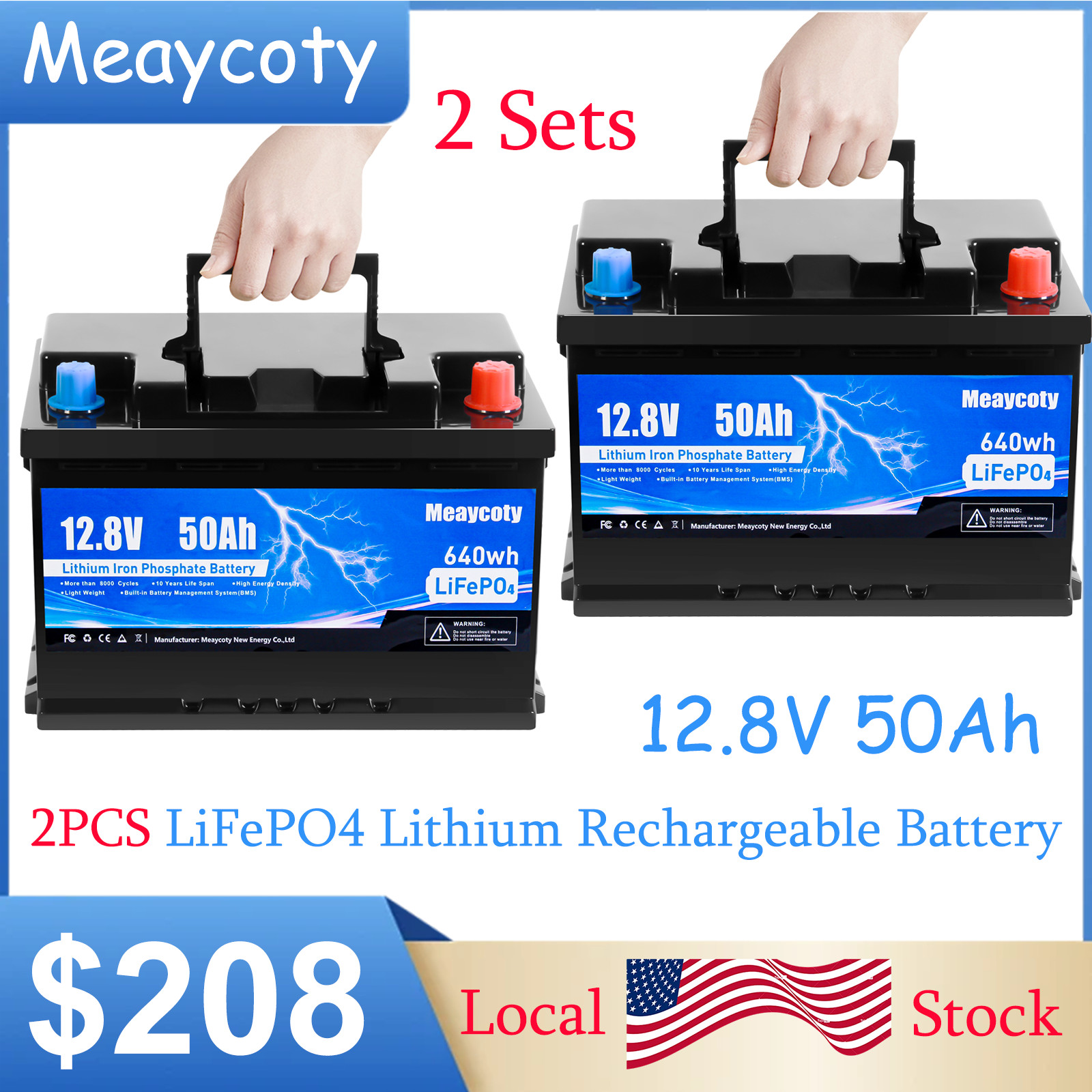 2 sets 12.8V 50Ah LiFePO4 Lithium Battery Deep Cycle BMS for Solar RV Off-grid
