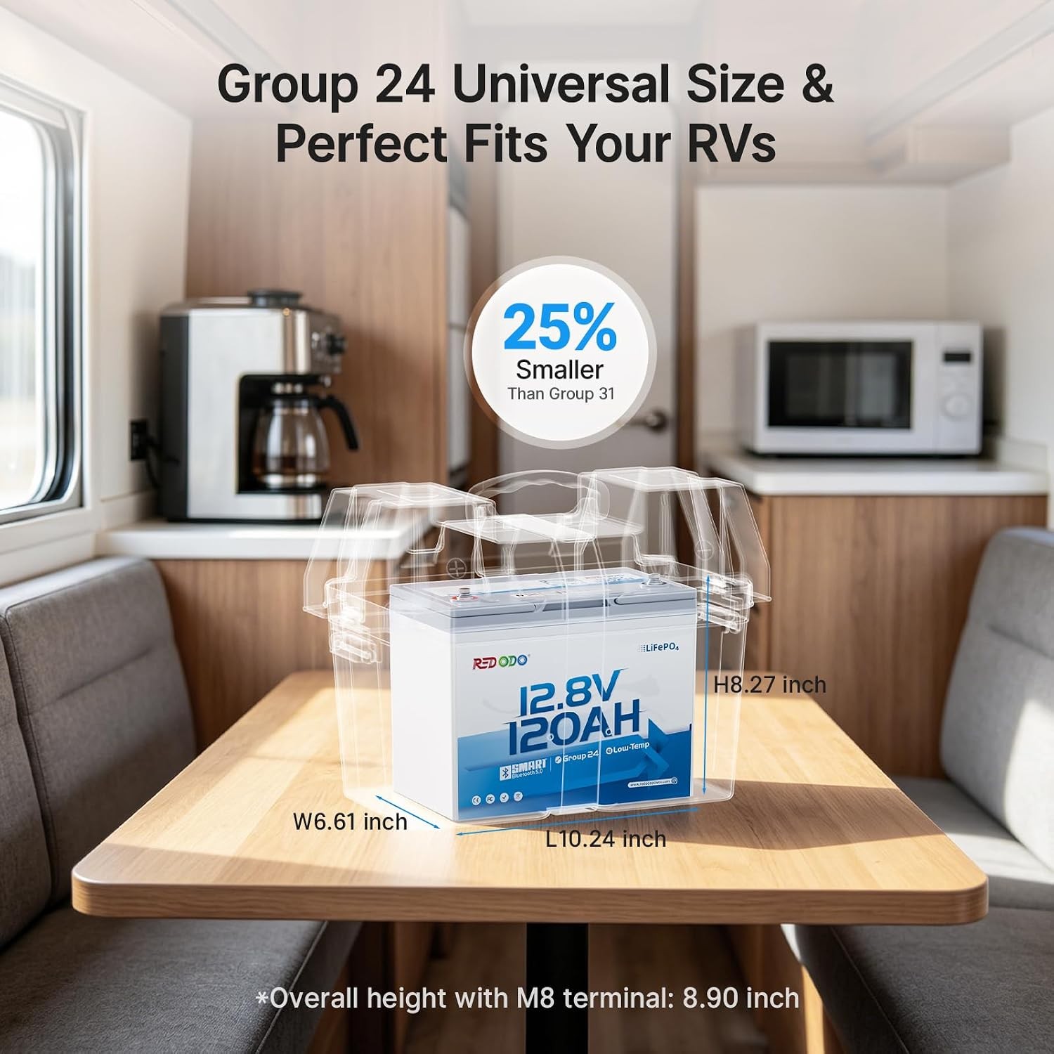 Redodo 12.8V 120Ah Bluetooth LiFePO4 Battery Group 24 & 1536Wh Energy for RV