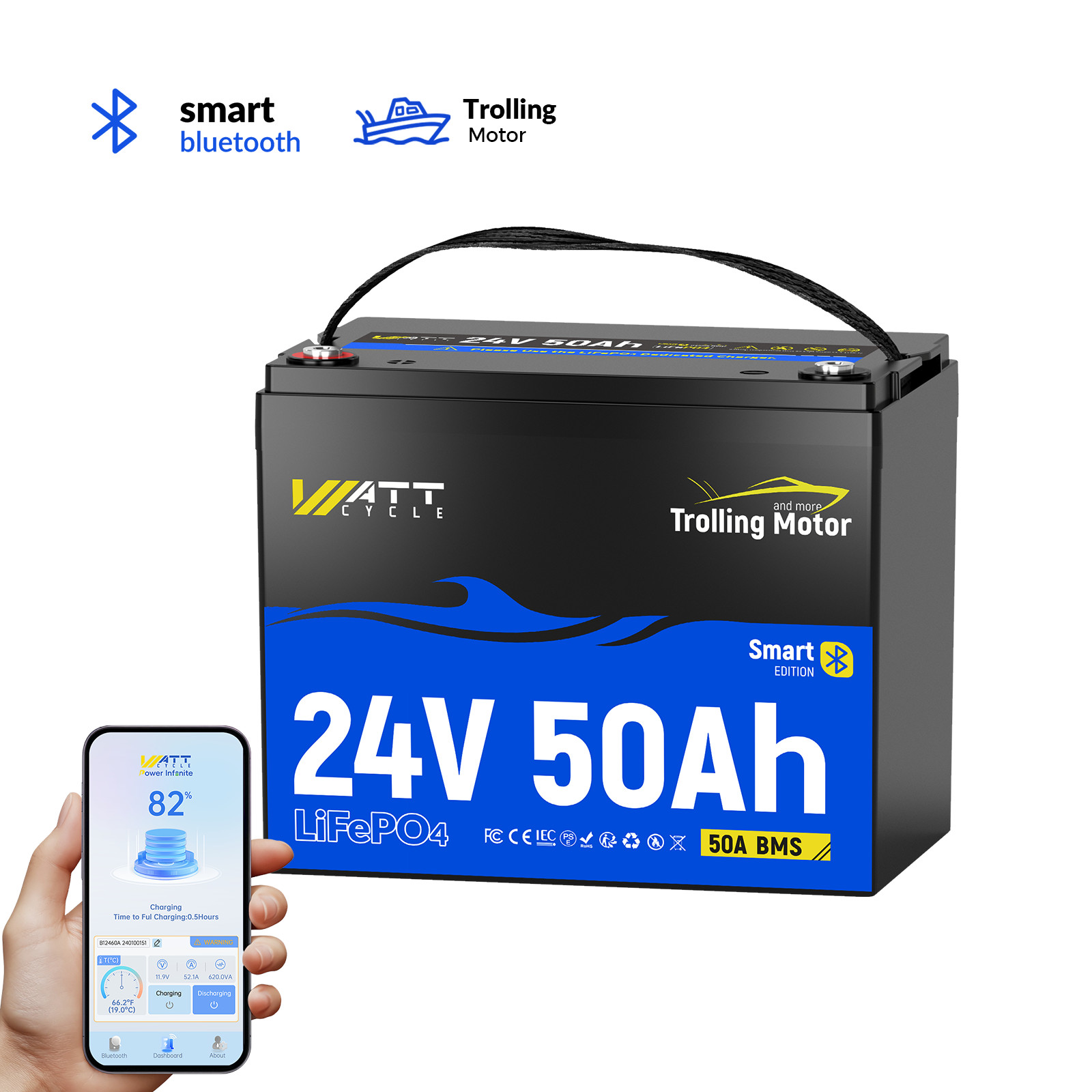 Wattcycle 24V 50Ah LiFePO4 Battery 1280Wh EV A+ Cell Bluetooth Trolling Motor
