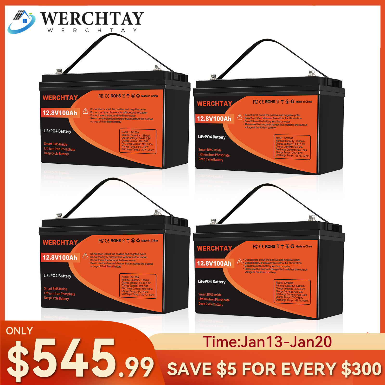 48V 100Ah LiFePO4 Lithium Battery Deep Cycle For RV Golf Cart 4 Group 12V 100Ah