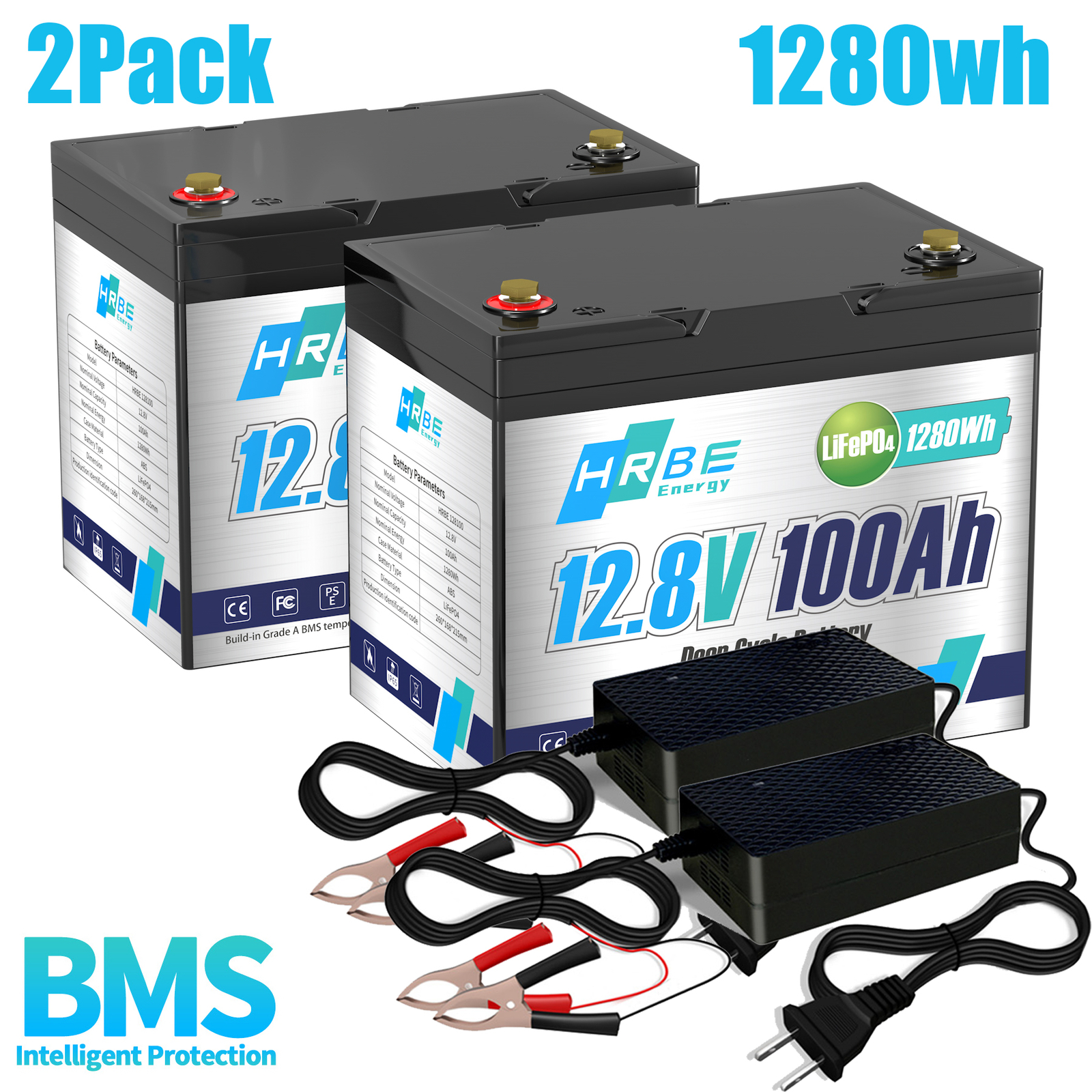 HRBEENERGY 2 Pack 12V 100Ah LiFePO4 Deep Cycle Lithium Battery BMS for Solar RV