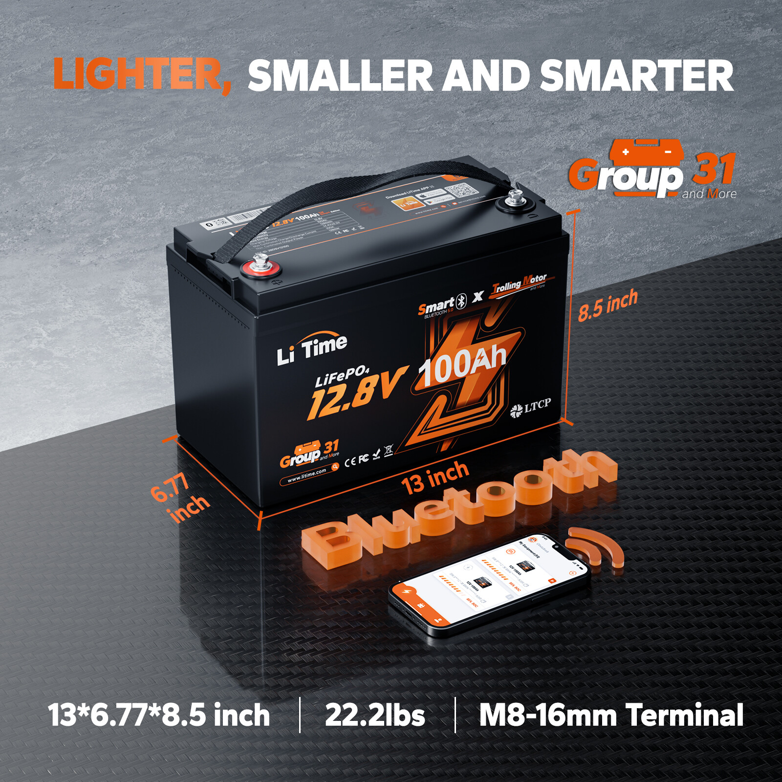 LiTime 12V 100Ah Group 31 Bluetooth LiFePO4 Lithium Battery Low-Temp Protection