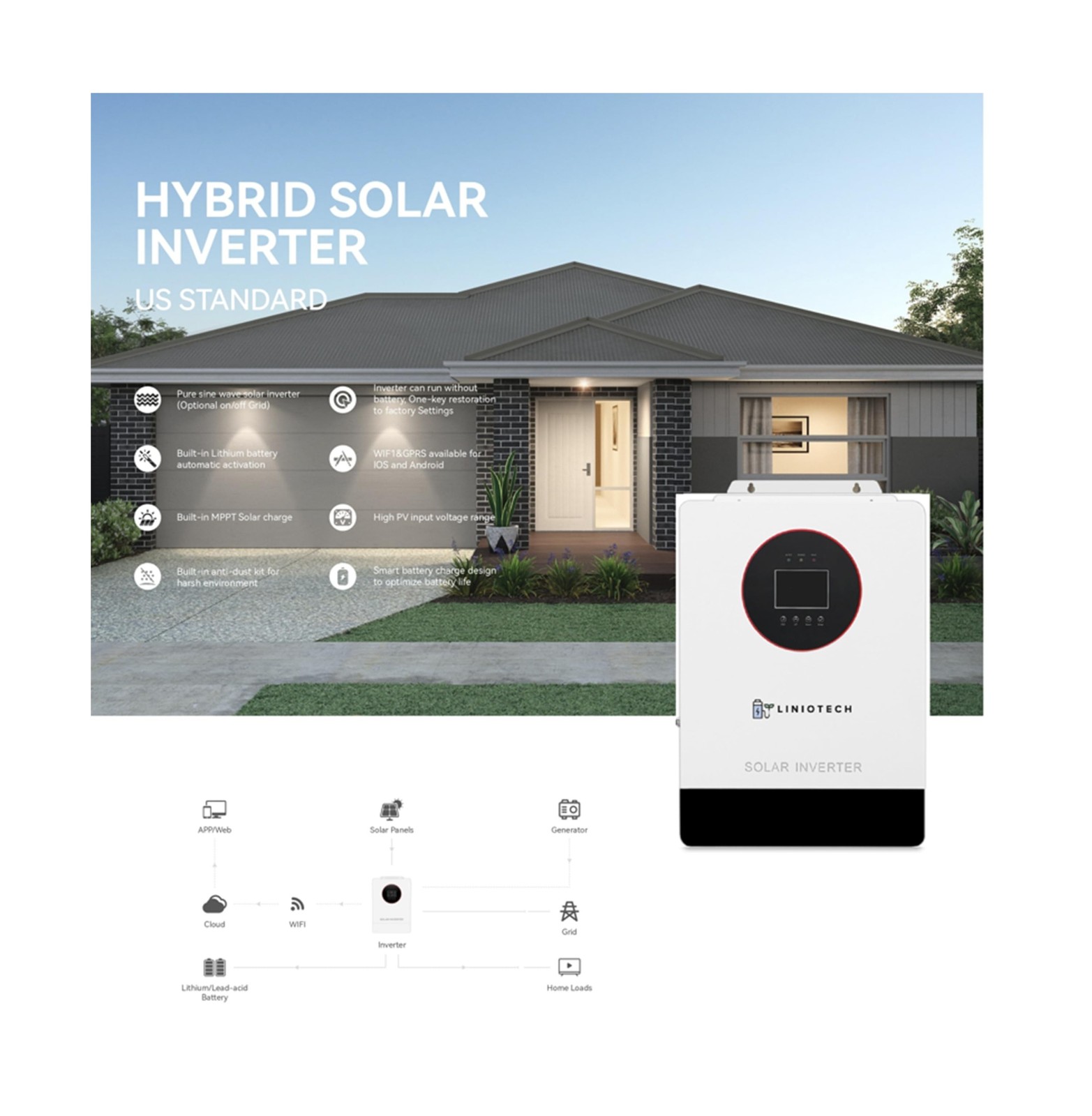 Liniotech 3600W Off-Grid Solar Inverter, 48V Pure Sine Wave Hybrid Inverter, …