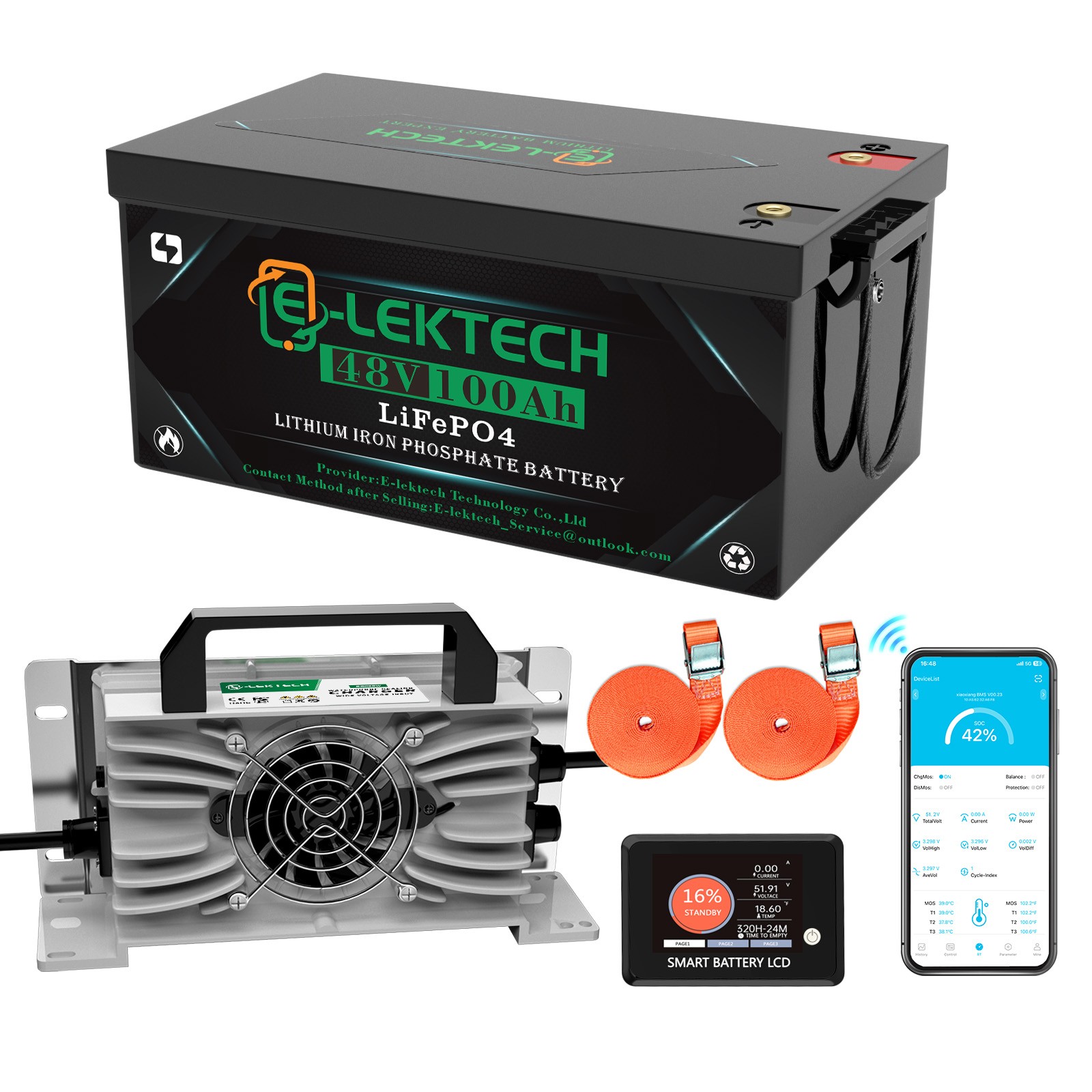 48V 100Ah LiFePo4 Lithium Golf Cart Battery with 15A Charger for Solar Boat RV