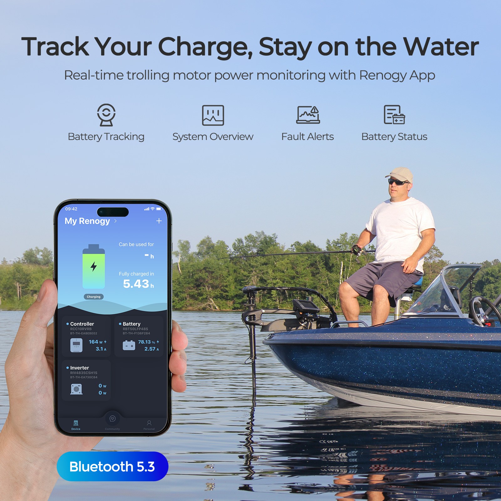 Renogy 12V 100Ah Trolling Motor Lithium Iron Phosphate Battery with Bluetooth