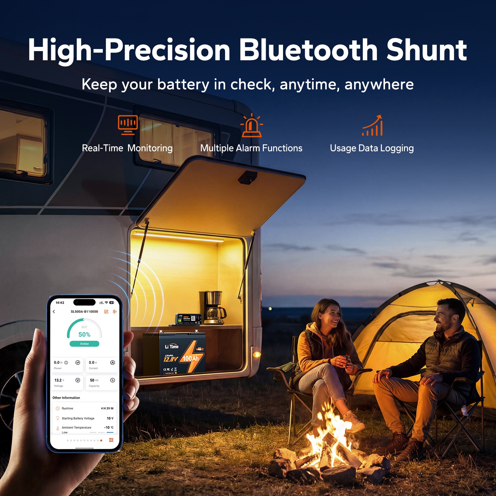 LiTime 8-120V 500A Smart Bluetooth Shunt Battery Monitor for LFP SLA FLD AGM GEL