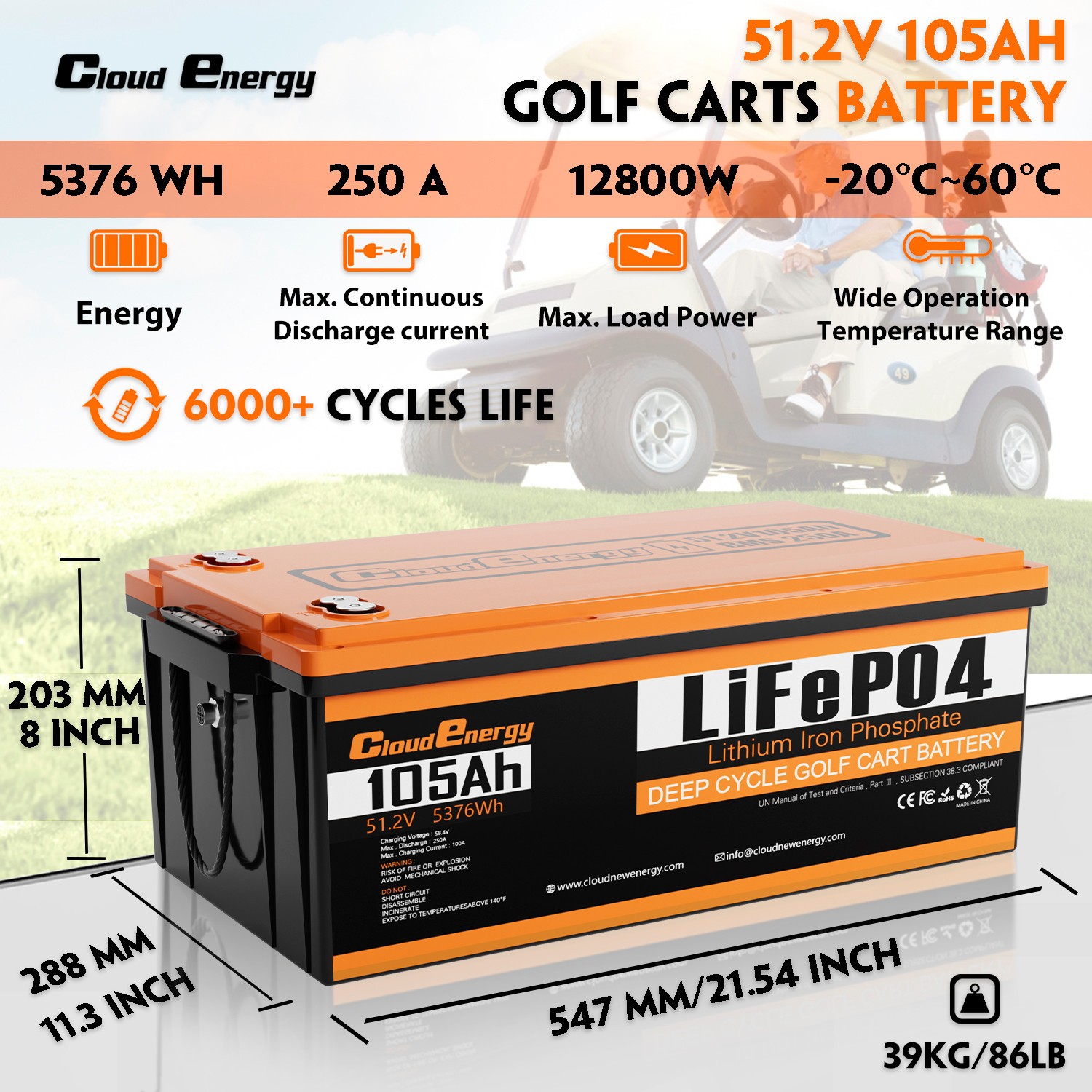 Cloudenergy 48V(51.2V) 105AH LiFePO4 Lithium Golf Cart Battery Built-in 250A BMS