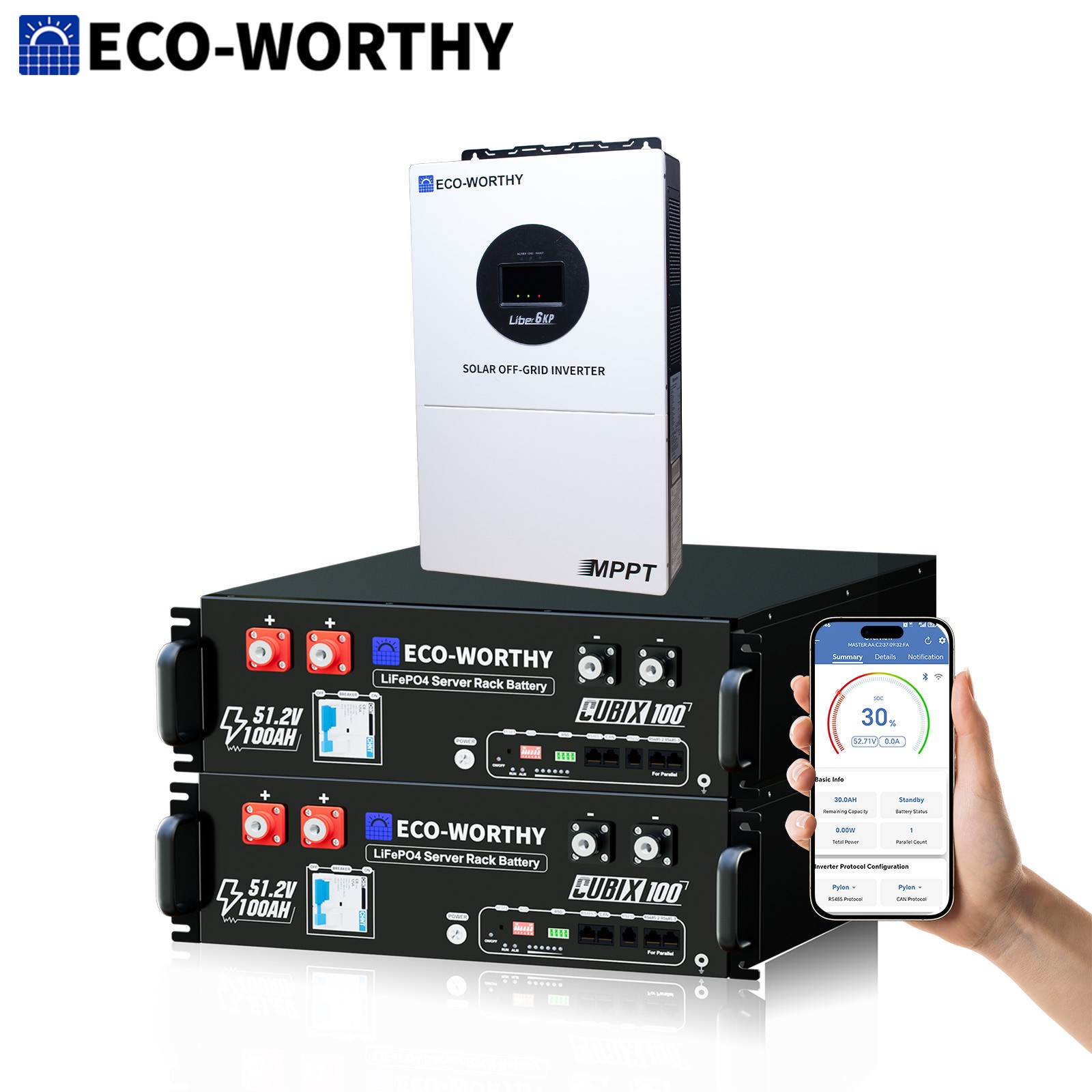ECO-WORTHY 10.24kWh 2Pack 48V 100Ah Lithium Battery+6kW 48V Solar Inverter