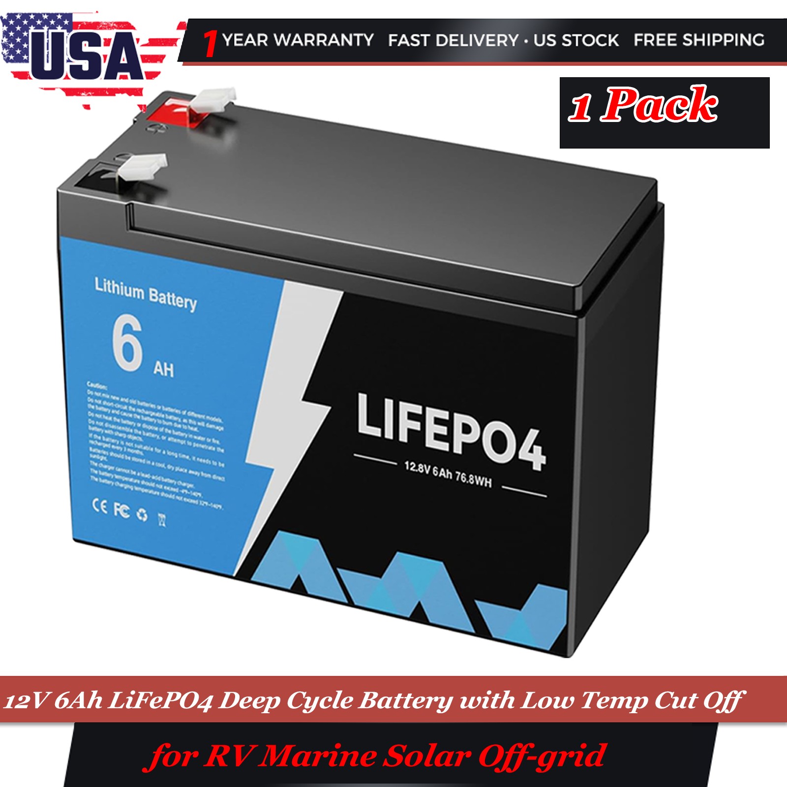 12V 6Ah Lithium LiFePO4 Battery 96Wh Built-in BMS Deep Cycle Marine RV Solar