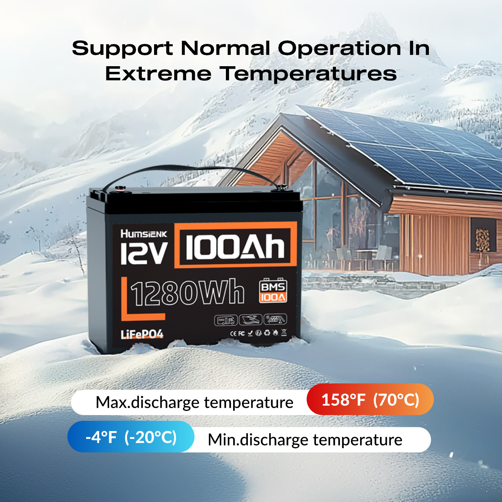 Humsienk 12V 100Ah 1280Wh Lithium Battery LiFePO4 Group 24 Deep Cycles Camping