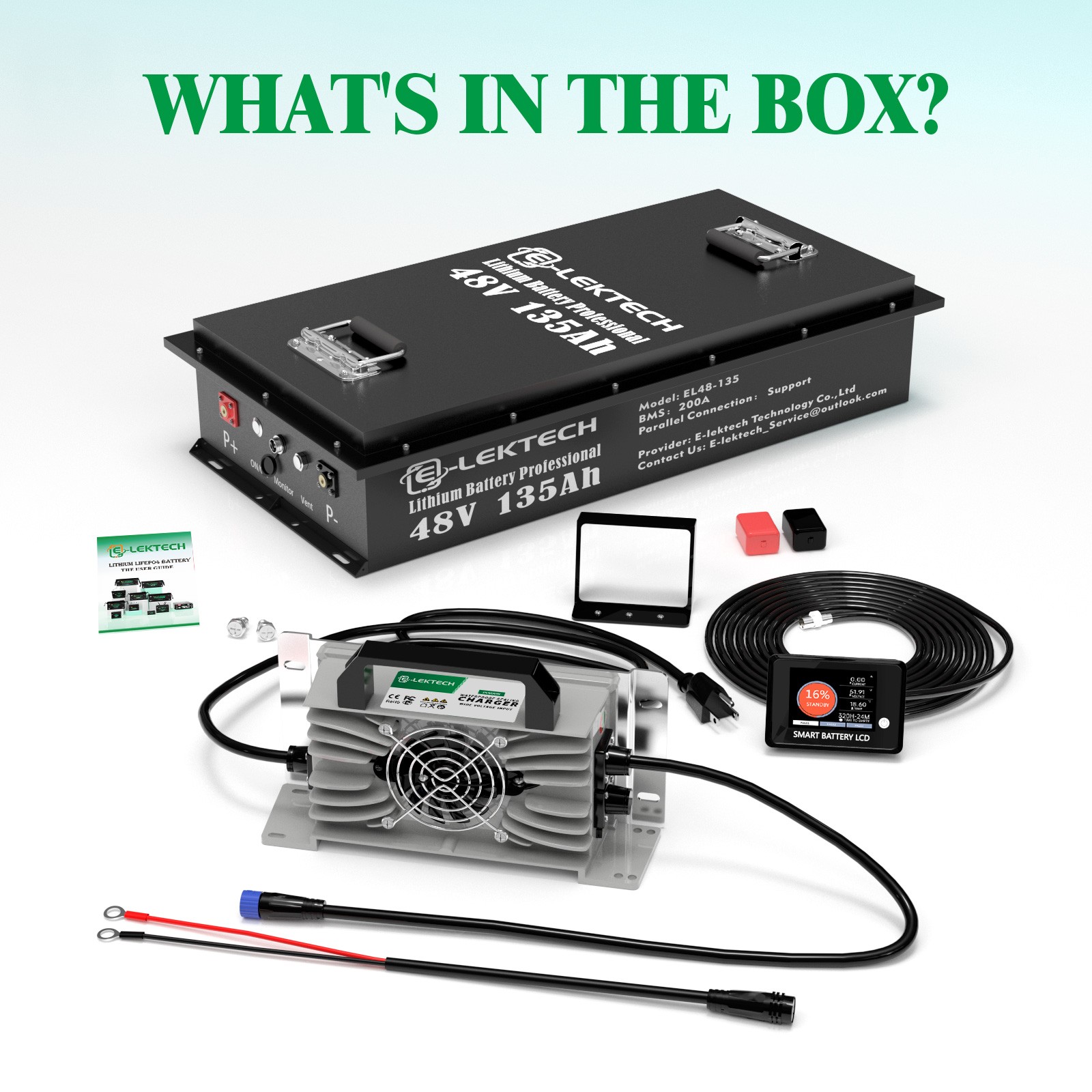 48V 135Ah Golf Cart LiFePO4 Lithium Battery kit 200A BMS with Charger Monitor