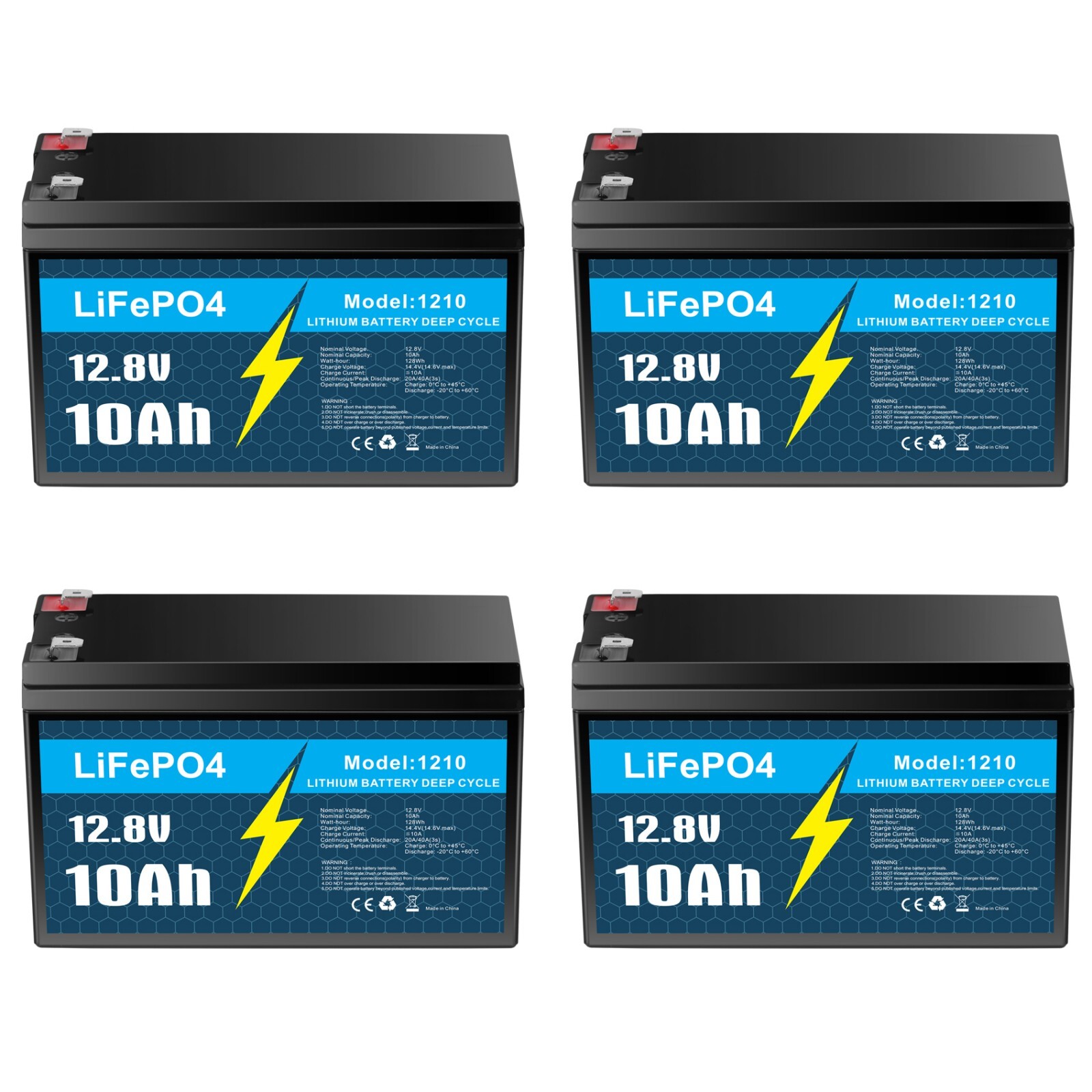 4 Pack 12V 10Ah LiFePO4 Lithium Battery, Deep Cycle, for UPS, Power Wheels