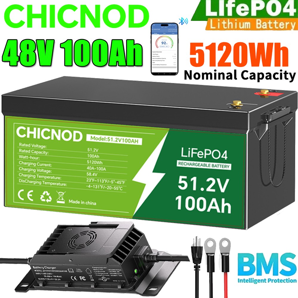 48V 100Ah LiFePO4 Lithium Battery Deep Cycle Built-in BMS W/ 58.4V 20A Charger