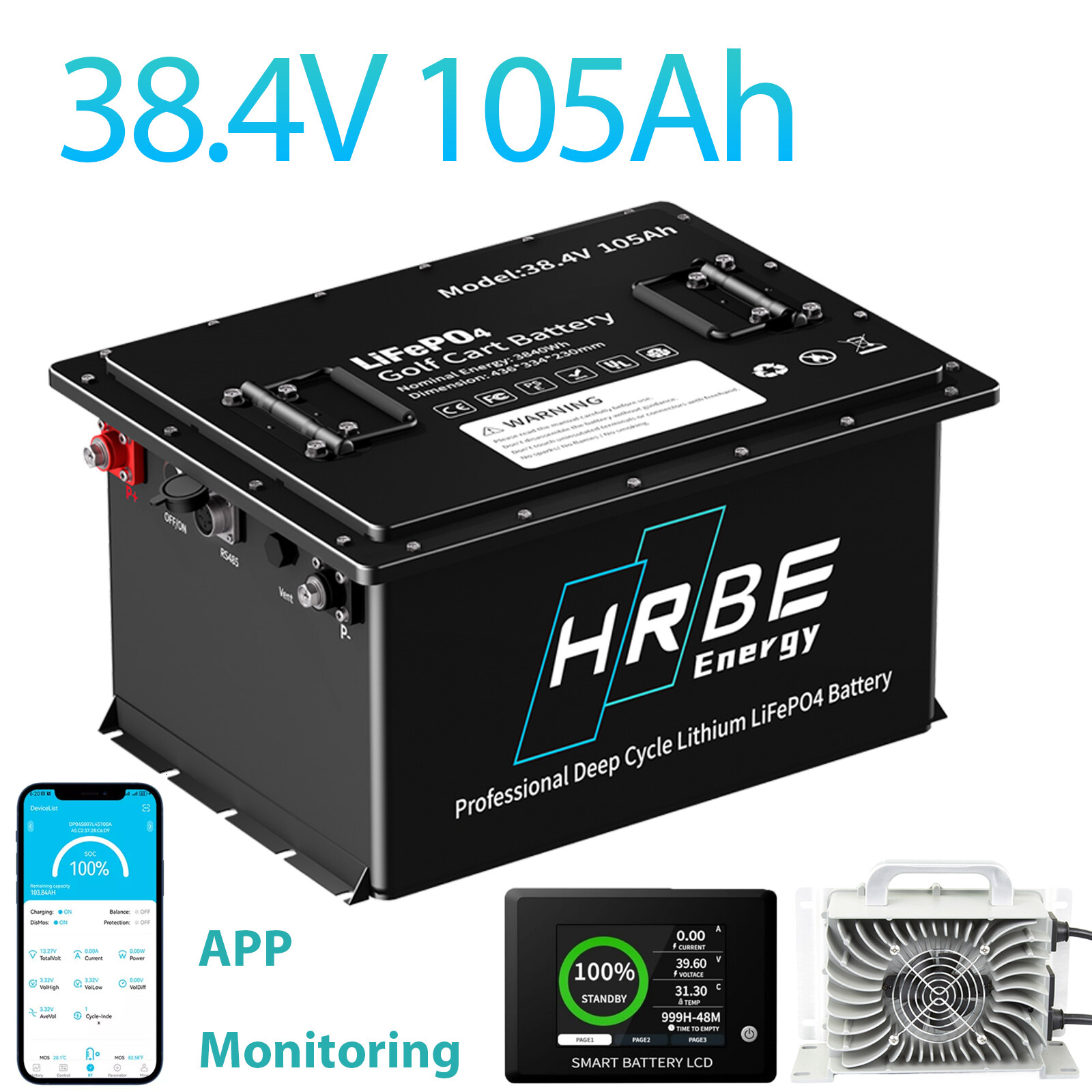 36V 105Ah Battery LiFePO4 Lithium Golf Cart 200A BMS 15000+ Cycles Monit Charger