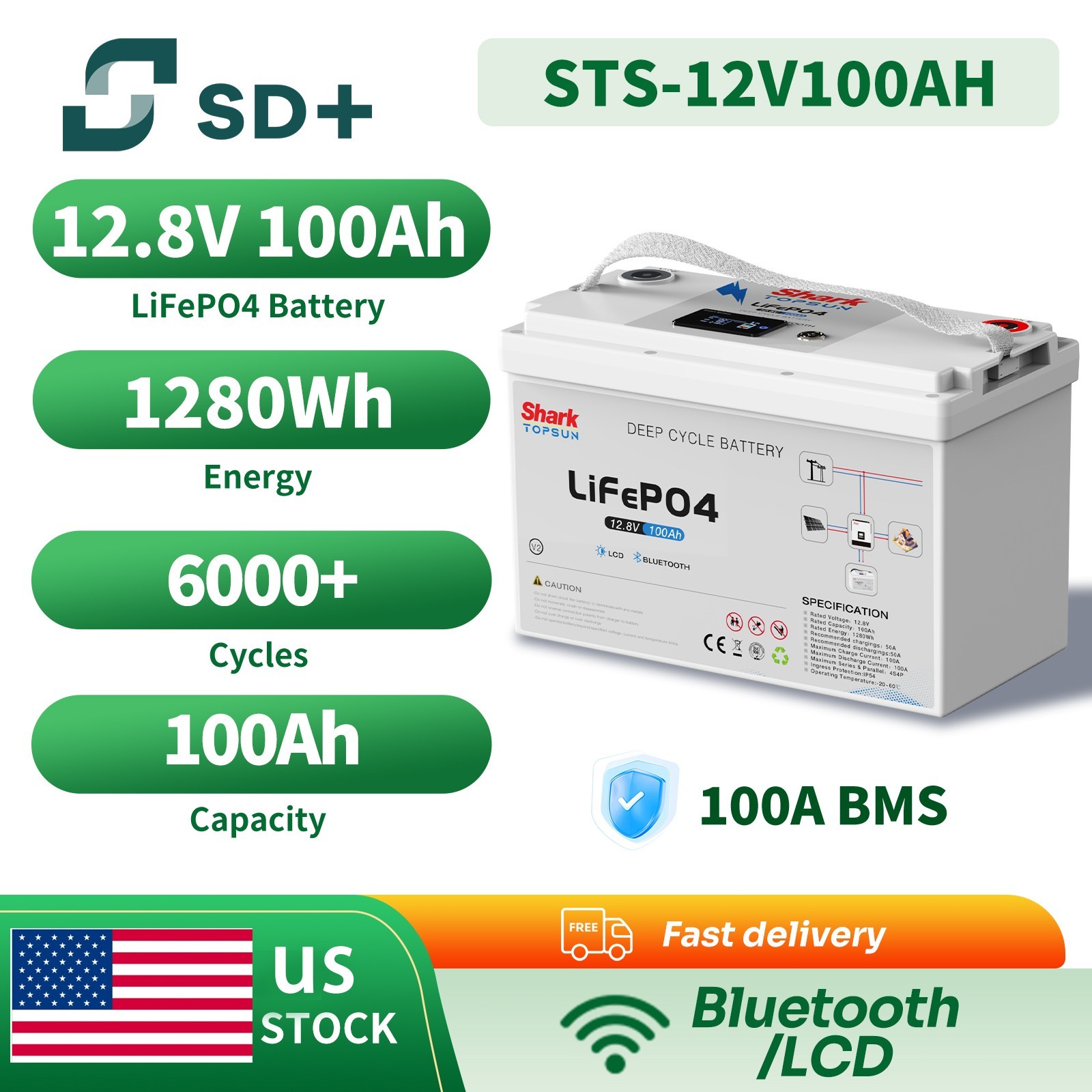 12.8V 100Ah 200AH LiFePO4 Battery Lithium Bluetooth Solar RV Trolling Motor AKKU