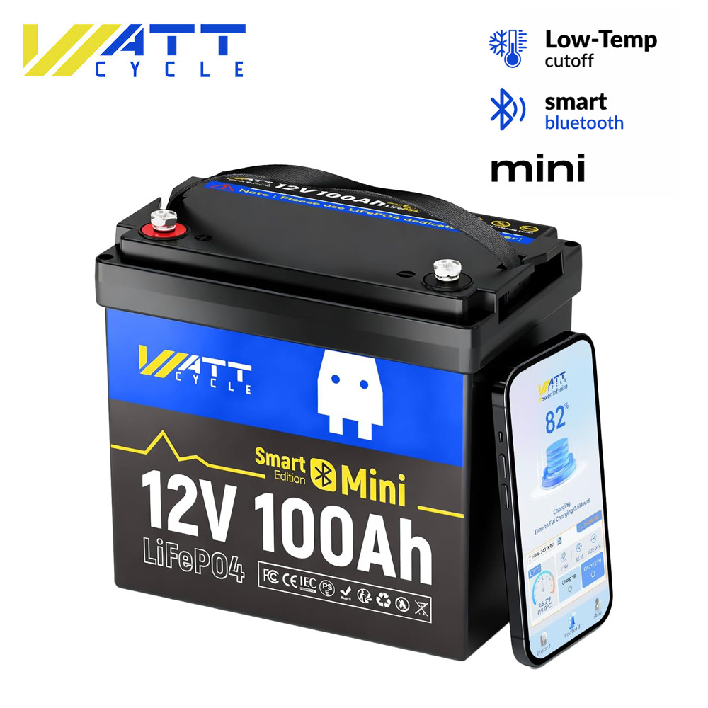 WattCycle 12V 100Ah Mini LiFePO4 Lithium Battery Deep Cycle Bluetooth RV Solar