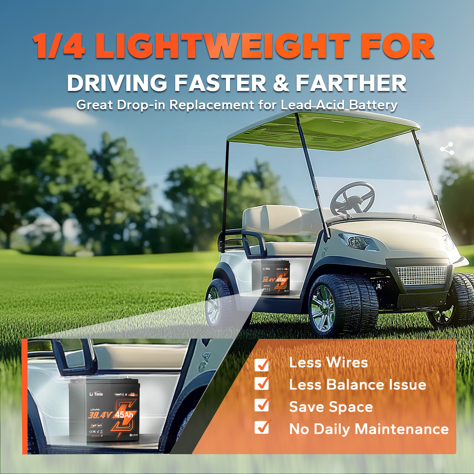 LiTime 36V 45Ah GC2 90A BMS LiFePO4 Lithium Battery For 2kw Electric Golf Cart