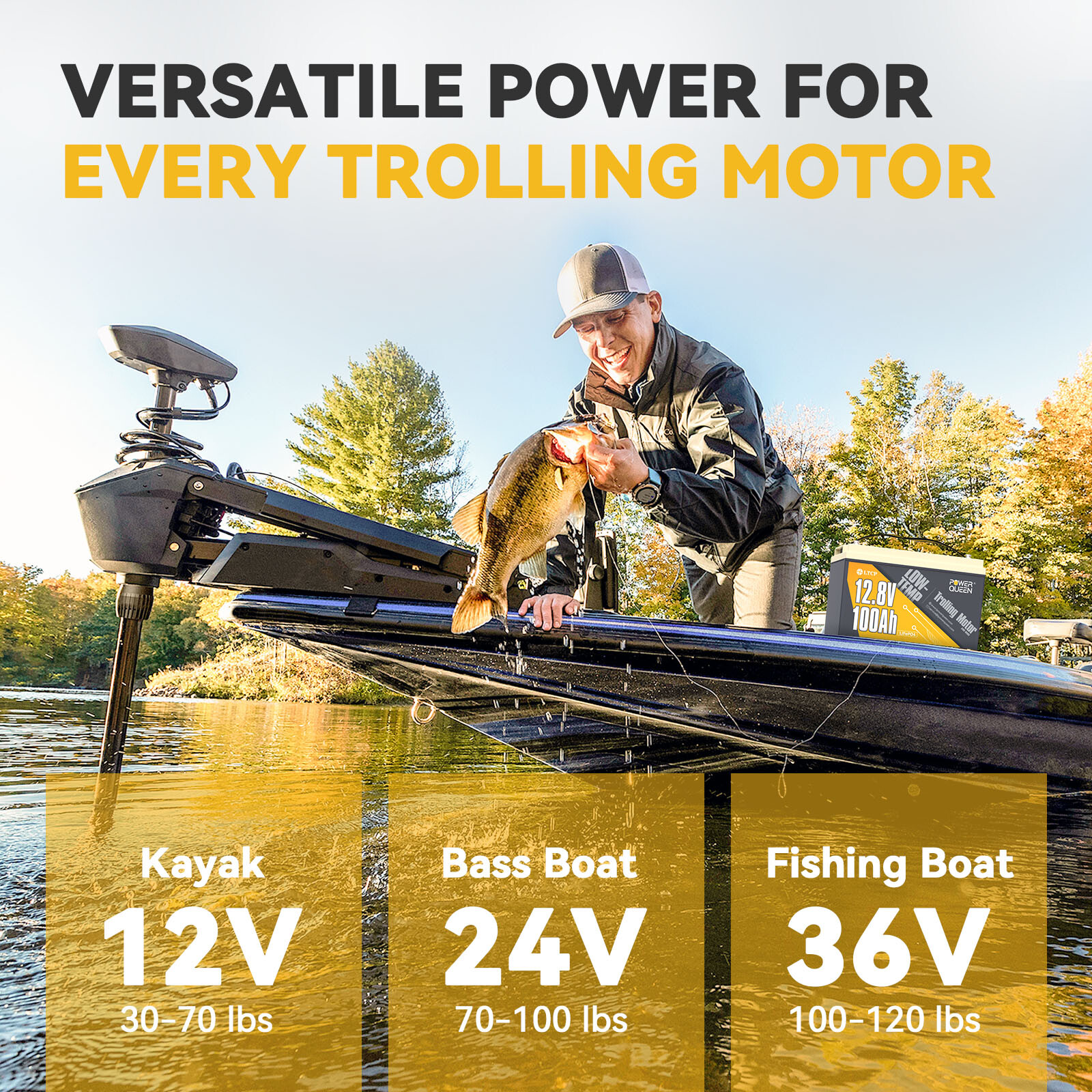 Power Queen 12V 100Ah Low-Temp Cut-off Trolling Motor LiFePO4 Battery BMS Used
