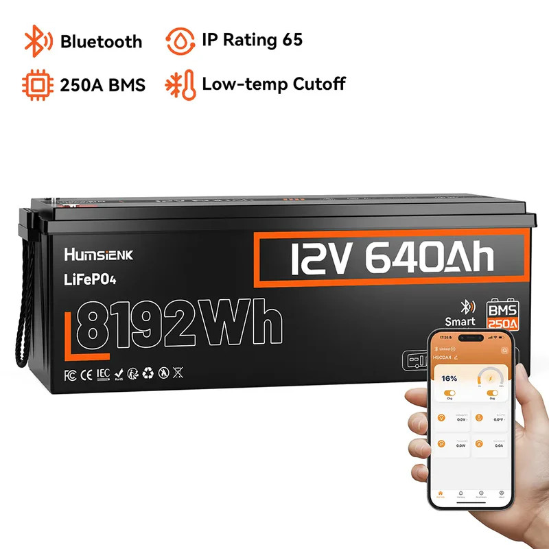 8192Wh 12V 640Ah LiFePO4 Lithium Battery 250A BMS Bluetooth Low-Temp Protection