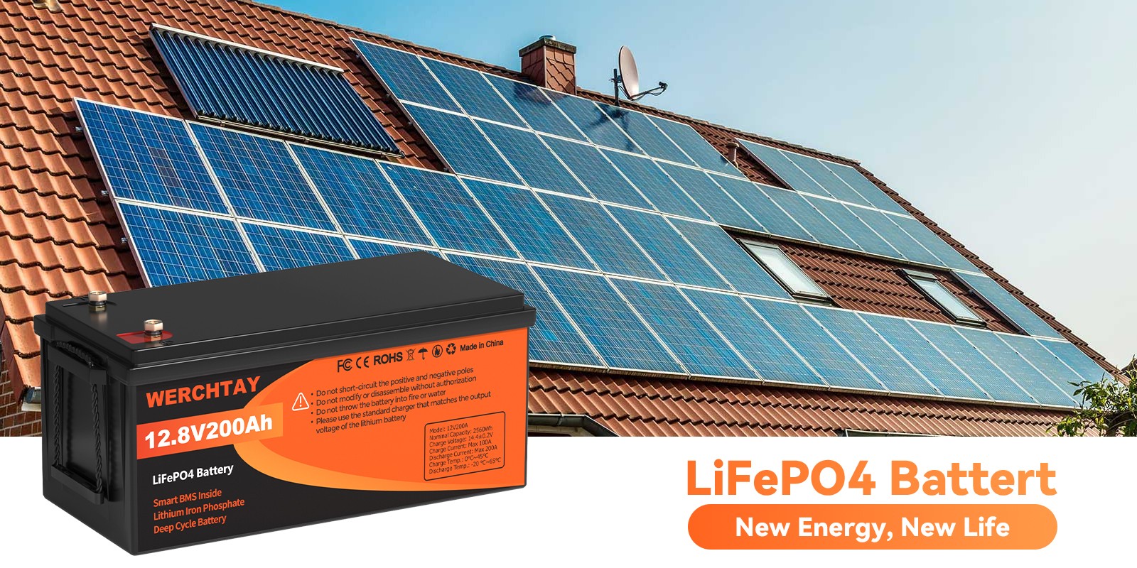 12V 200Ah LiFePO4 Lithium Battery Deep Cycle Built-in BMS for Solar RV Off-Grid