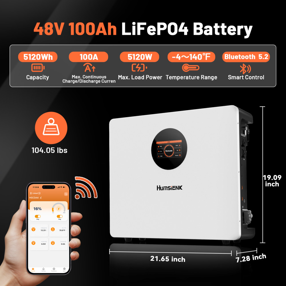 Humsienk 48V 100Ah 5120Wh Battery Wall-mounted +Double-ended Quick-Connect Cable