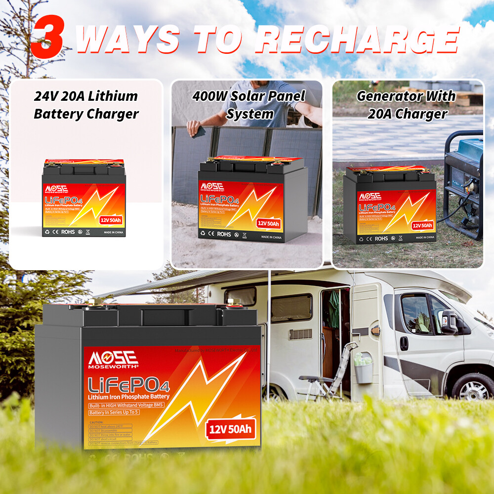 MOSEWORTH 12V 50Ah LiFePO4 Deep Cycle Lithium Battery 50A BMS for Marine Solar
