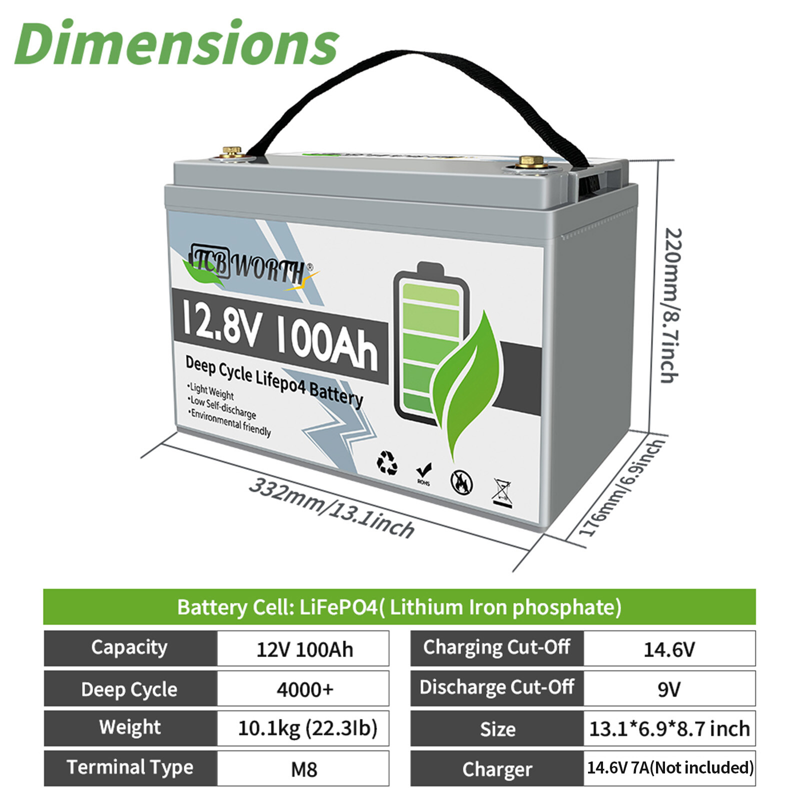 12V/24V 60A 100Ah 300Ah LiFePO4 Lithium Battery 100A BMS 4000+ Deep Cycle for RV