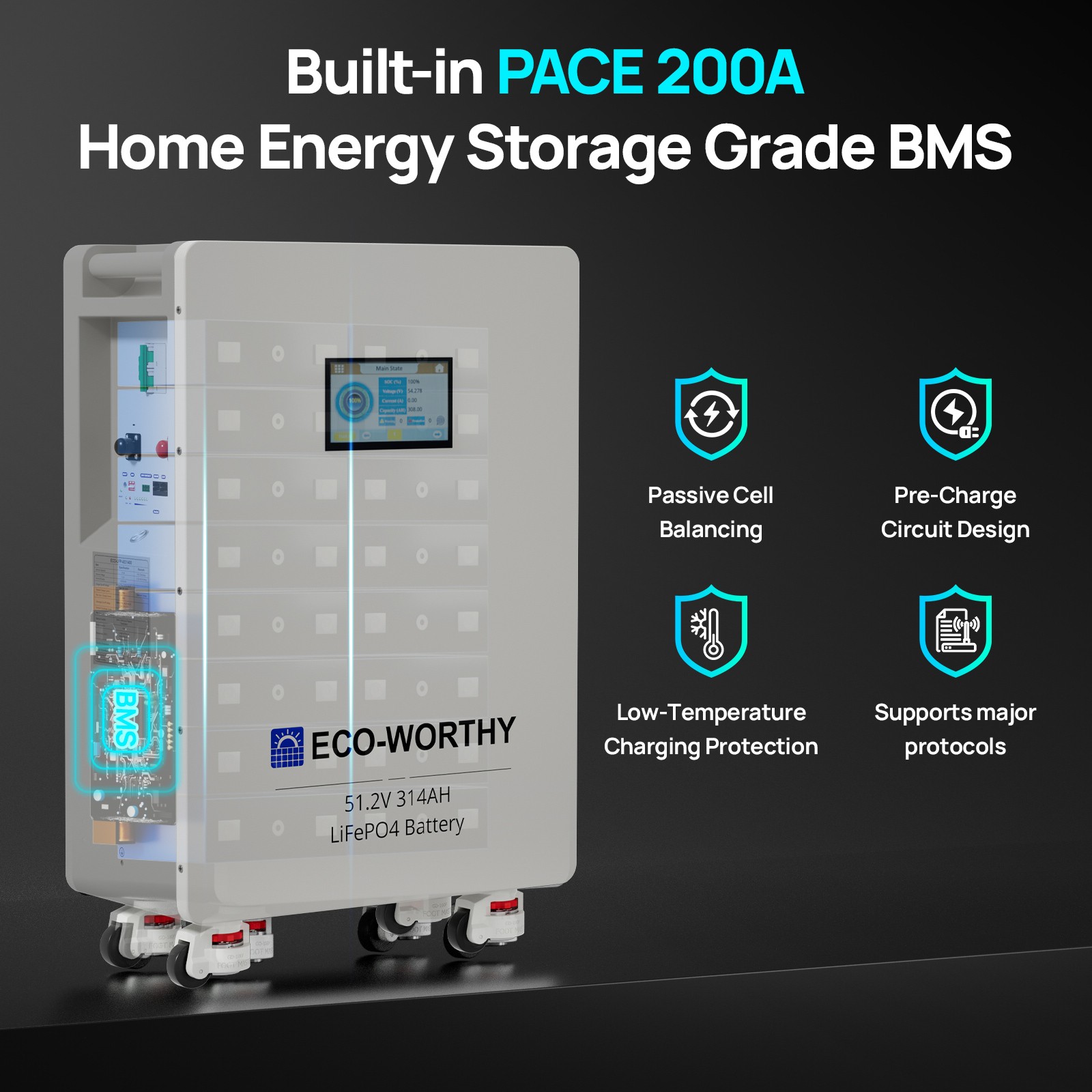 ECO-WORTHY 14kWh 48V 280AH LiFePO4 Battery Vertical Standing Solar Backup 1pack