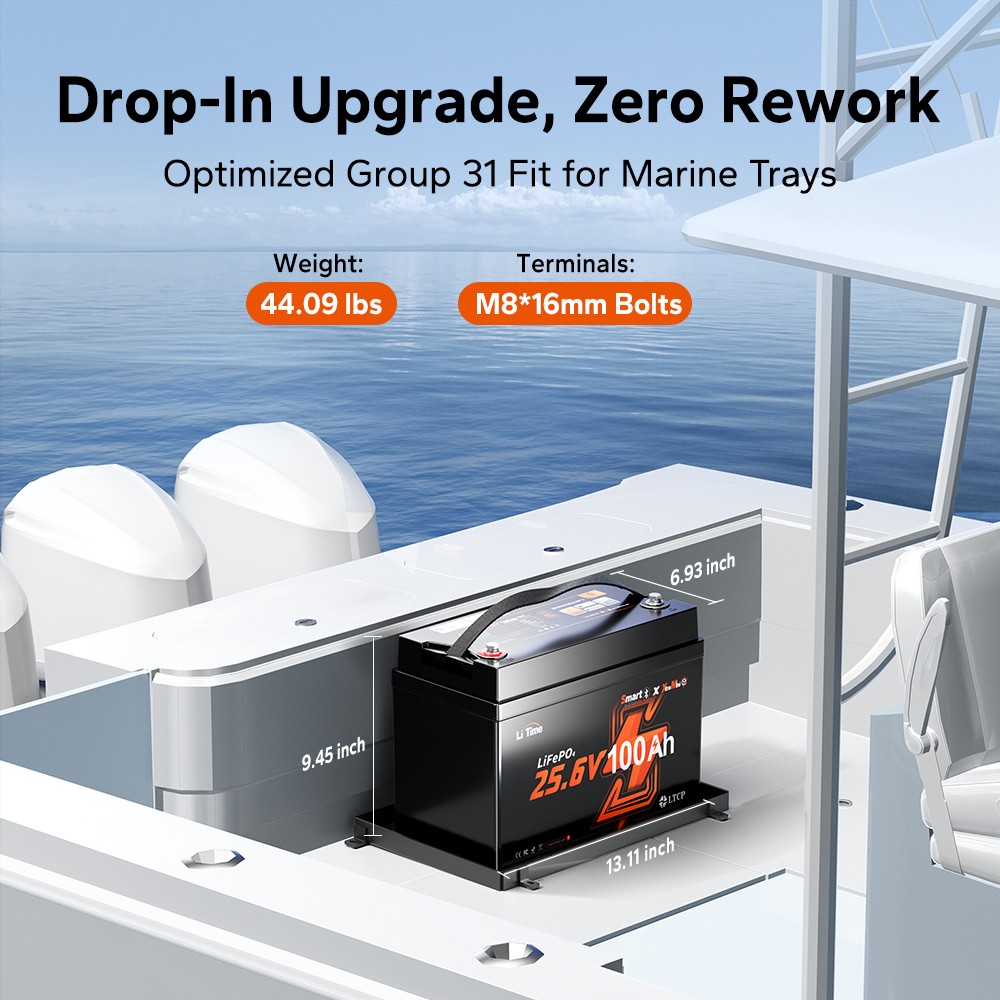 LiTime 24V 100Ah Group31 Bluetooth Trolling Motor LiFePO4 Lithium Battery Marine