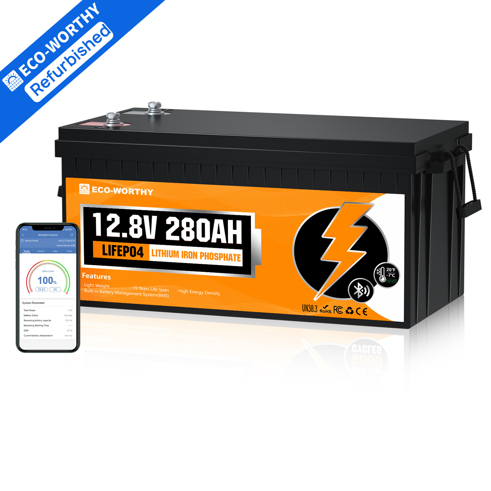 ECO-WORTHY 12V 280Ah LiFePO4 Lithium Battery 6000+ Cycle Certified Refurbished
