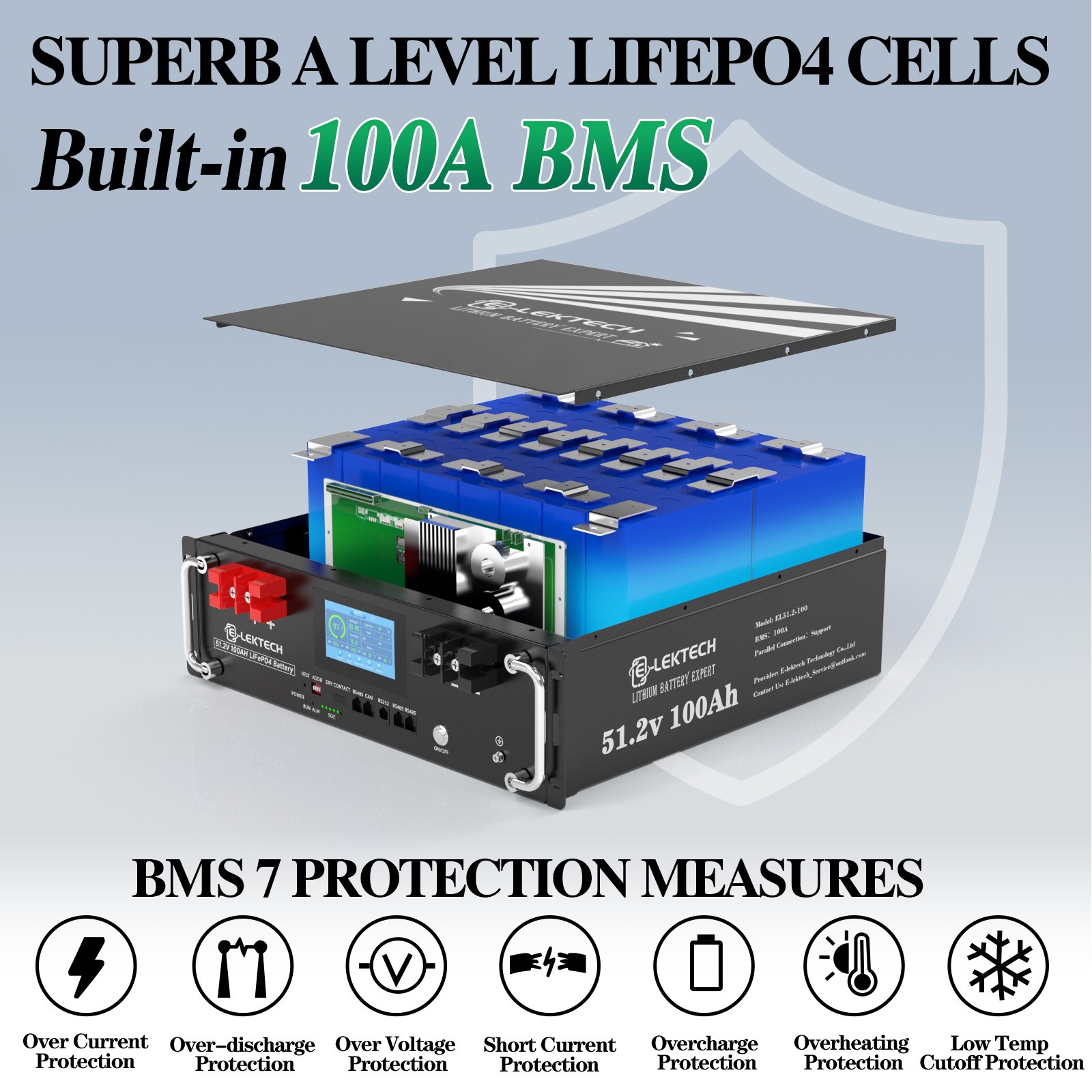 48V 100Ah LiFePO4 Server Rack Battery w/100A BMS, CAN RS485 for RV Home Solar