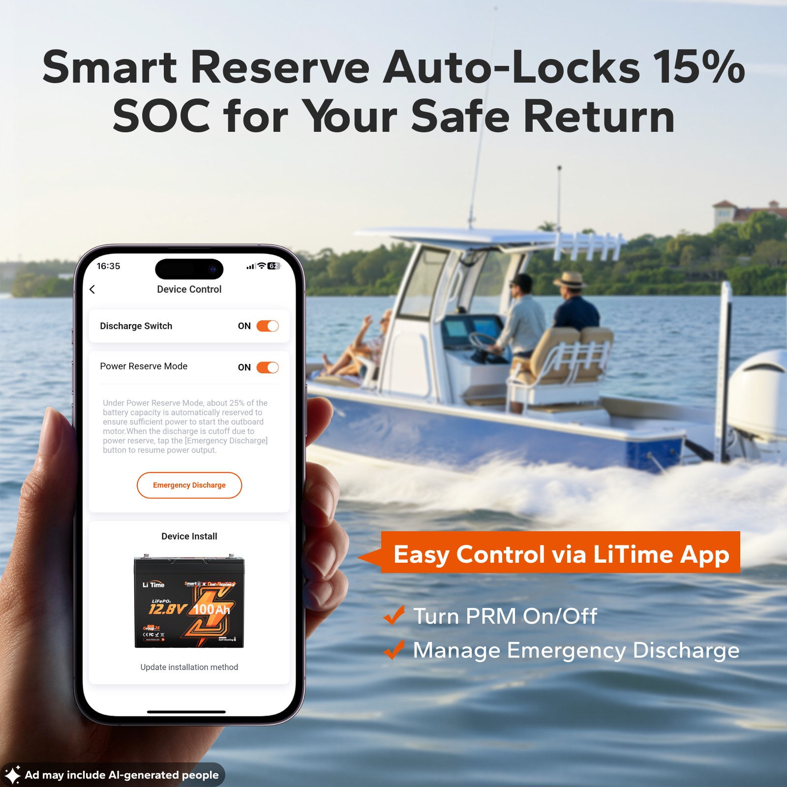 LiTime 12V 100Ah Group 24 Self-Heating Dual Use Marine Starting Lithium Battery