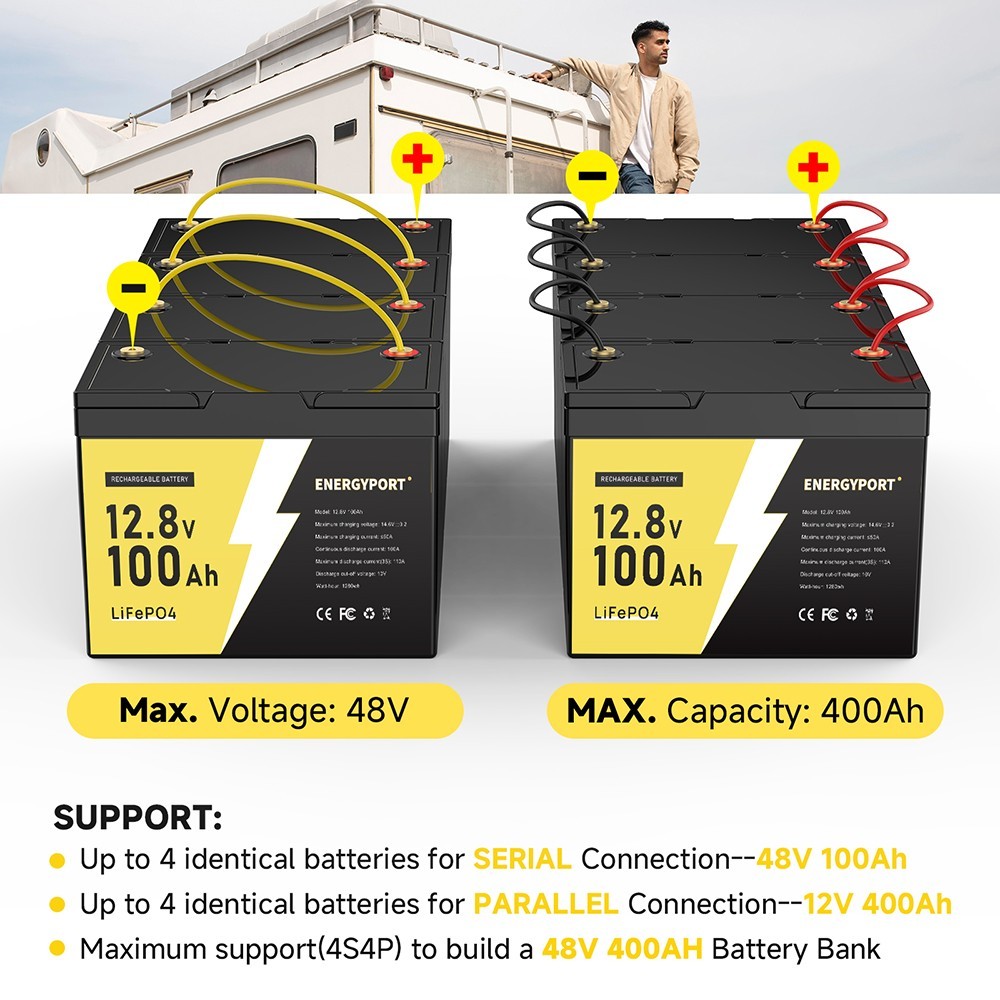 12.8V 100Ah LiFePO4 Lithium Battery BMS Deep Cycle for RV Marine Solar Off-grid