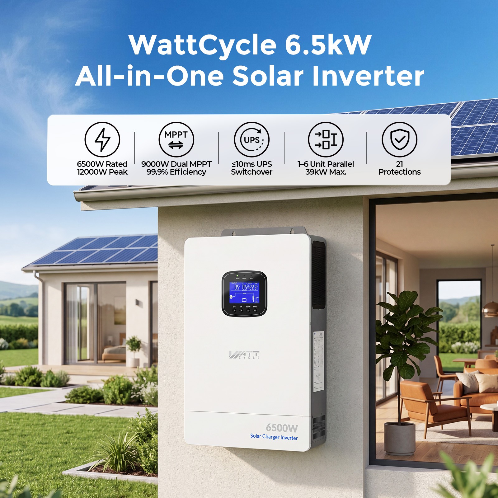 WattCycle 48V 6500W Single Phase Solar Inverter 9000W Dual MPPT UPS Home Backup