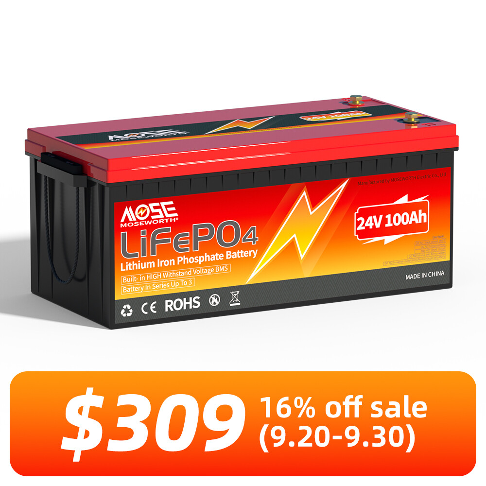 24V 100Ah LiFePO4 Deep Cycle Lithium Battery 2560Wh 100A BMS for Solar RV Boat