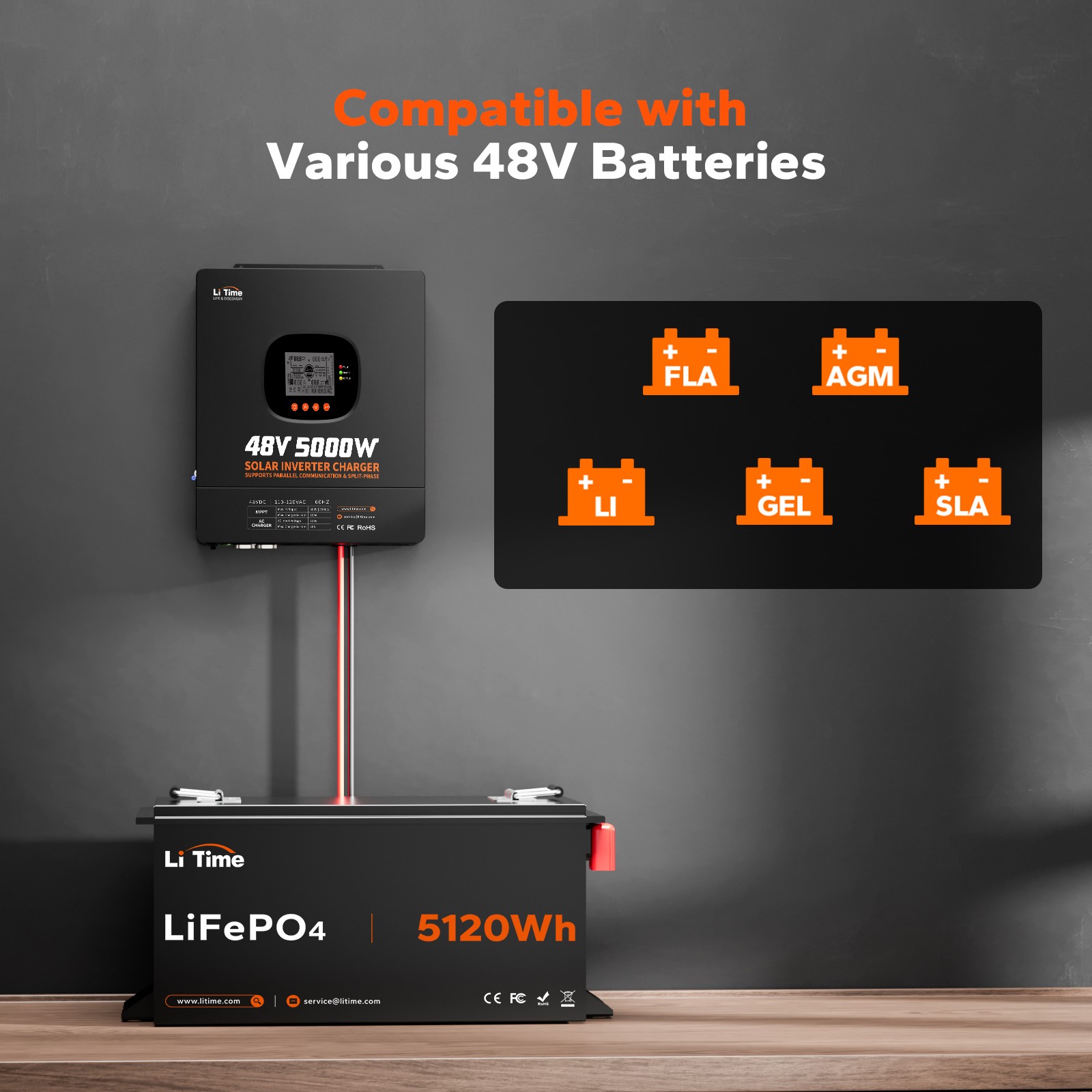LiTime 48V 100Ah COM Bluetooth Lithium Battery with 5kW Solar Inverter Charger