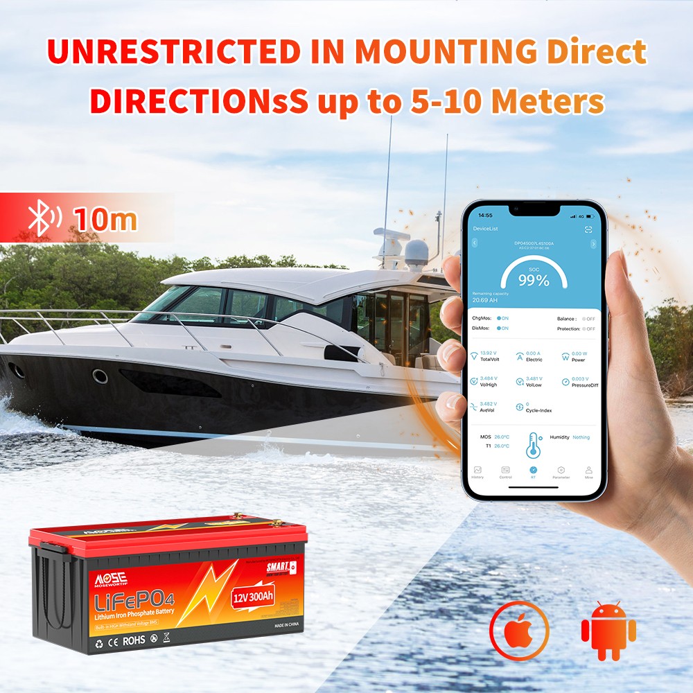 12V 300Ah Bluetooth LiFePO4 Lithium Battery 200A BMS Deep Cycle RV Marine Solar