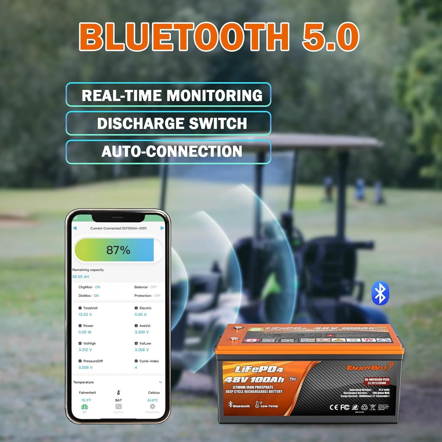 Enjoybot Plus 48V 100AH Golf Cart Battery 5120Wh Bluetooth 200A BMS Low-Temp Prt