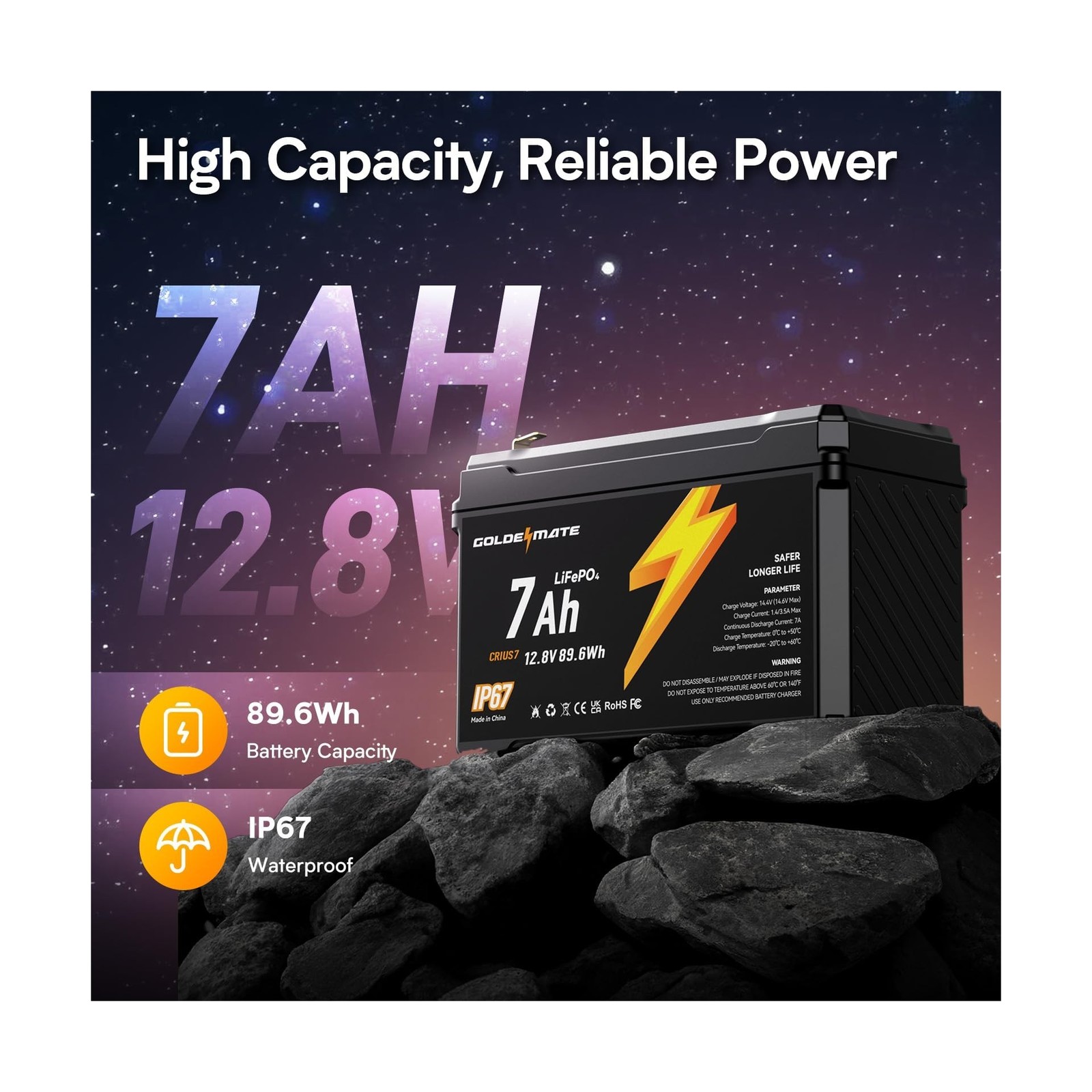 GOLDENMATE 12V 7Ah Lithium LiFePO4 Deep Cycle Battery(2 packs), 5000+ Cycles,…