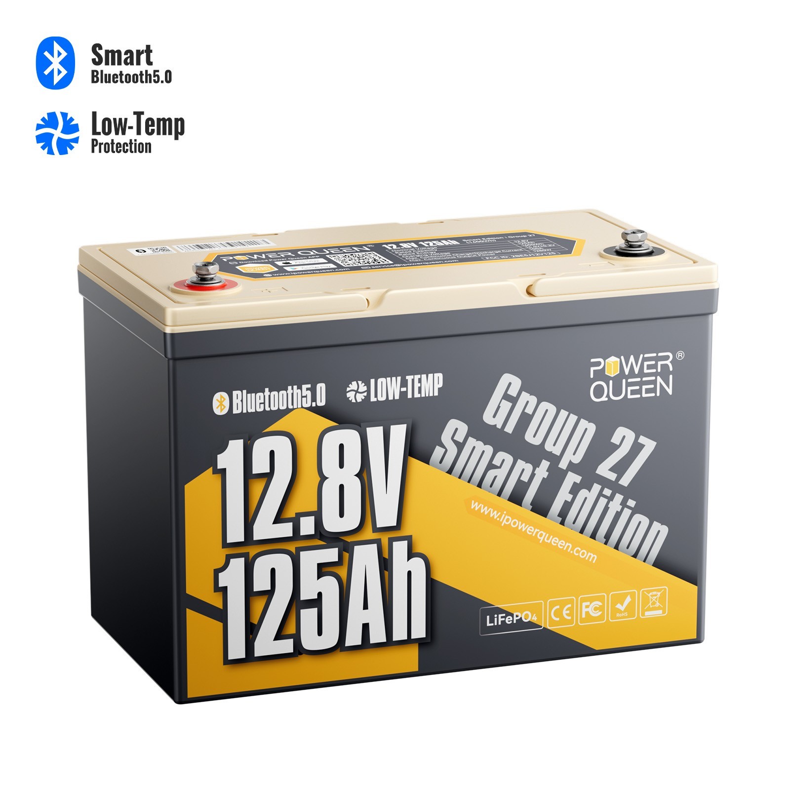 Refurbished Power Queen 12V 125Ah Group 27 Smart LiFePO4 Lithium Battery