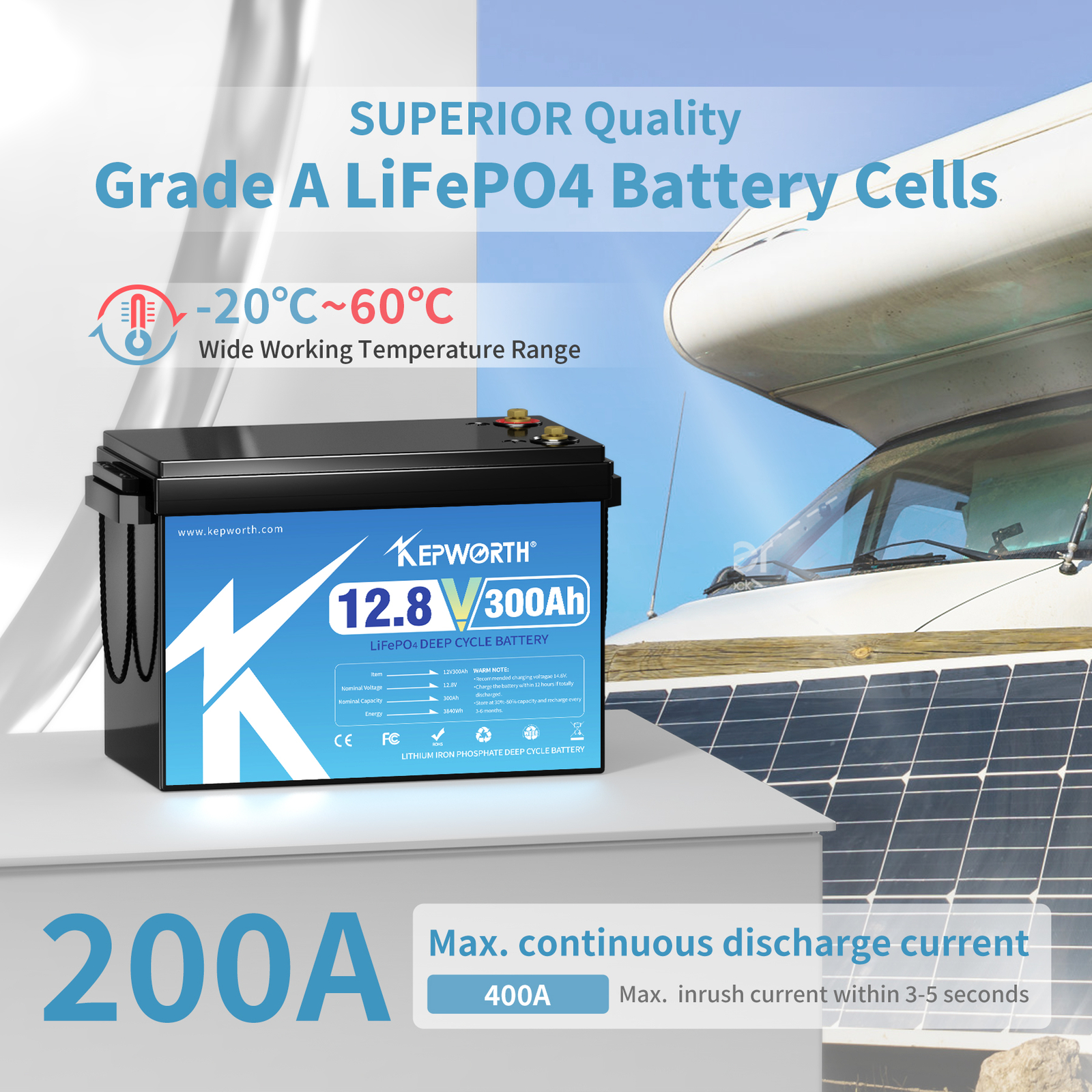 12V 300Ah LiFePO4 Lithium Battery Deep Cycle Battery 200A BMS 15000+ Cycles RV
