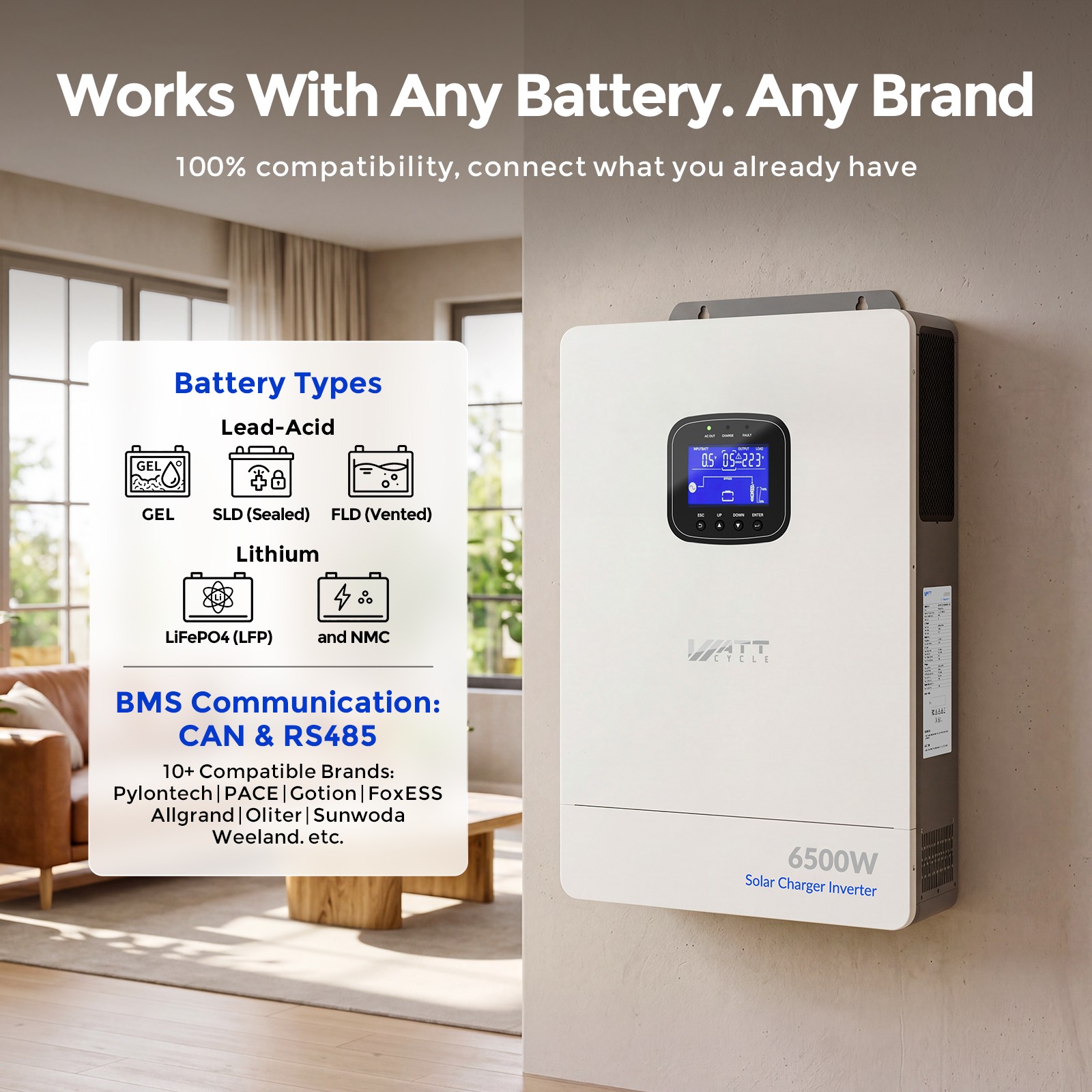 Wattcycle 48V 100Ah Server Rack Battery + 6500W 48V All-in-One Solar Inverter