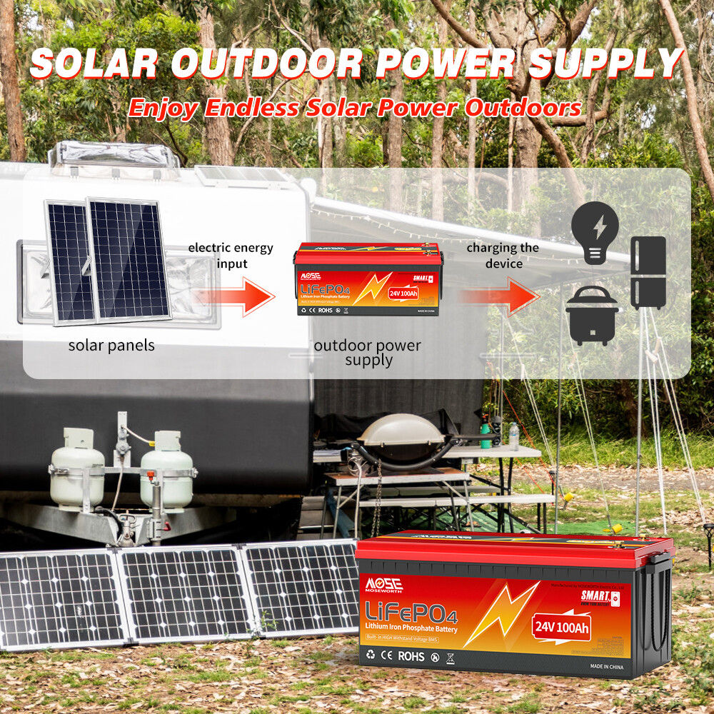 24V 100Ah LiFePO4 Deep Cycle Lithium Battery 2560Wh 100A BMS for Solar RV Boat
