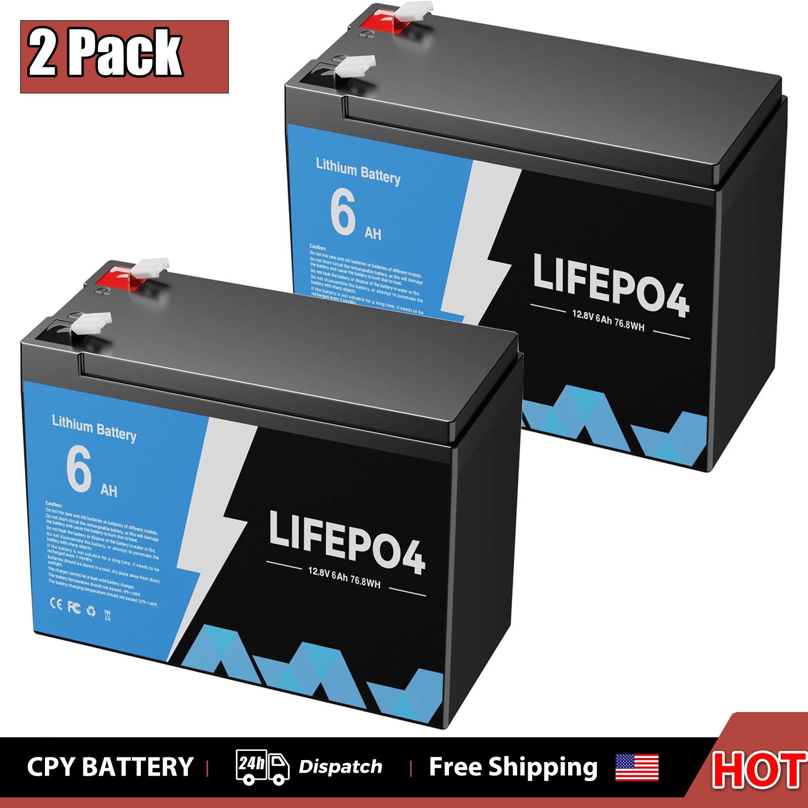 2pack 6AH 12V LiFePO4 Lithium Battery 5000+ Deep Cycle BMS for Solar RV Off-grid