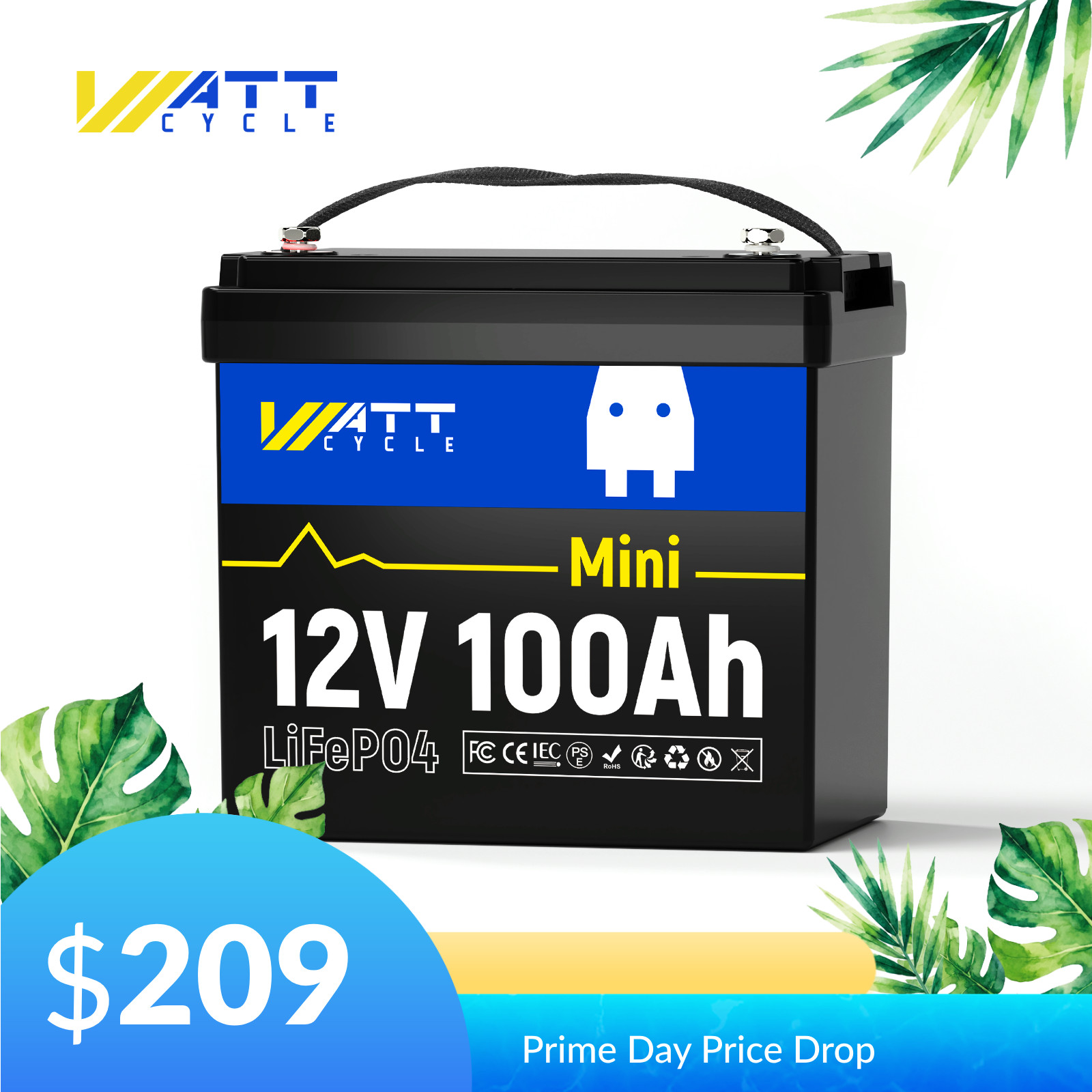 WattCycle 12V 14.8V 100Ah Lithium Iron Phosphate Mini Battery RV Camping Solar