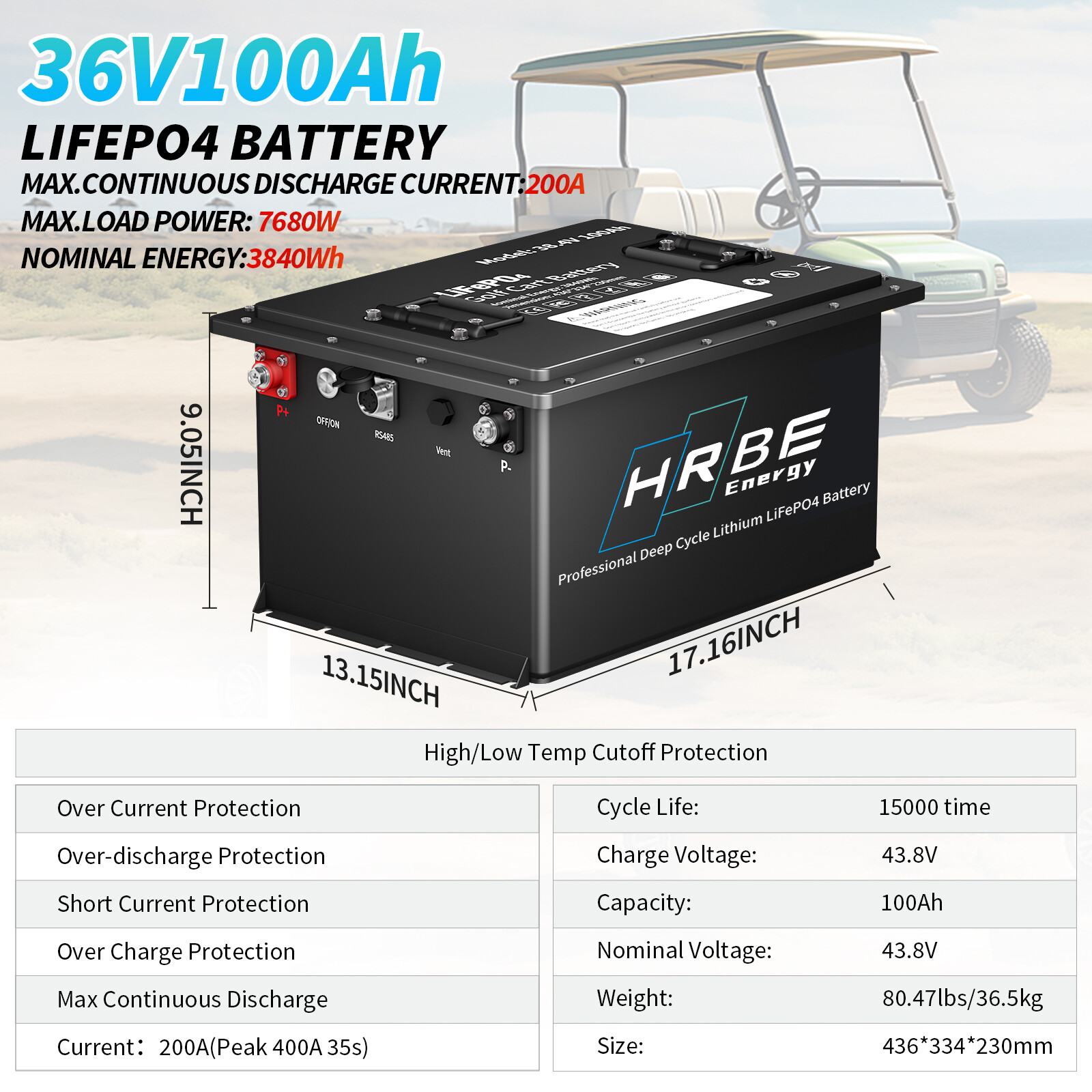 36V 100Ah 48V 100A Golf Cart Lithium LiFePO4 Battery 200A BMS 15000+ Deep Cycle