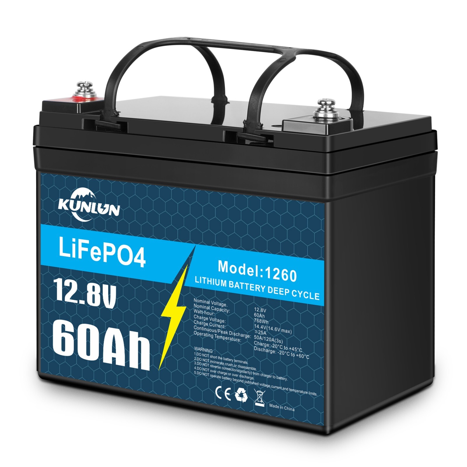 12V 60Ah LiFePO4 Lithium Battery, Deep Cycle, Perfect for RV, Golf Cart
